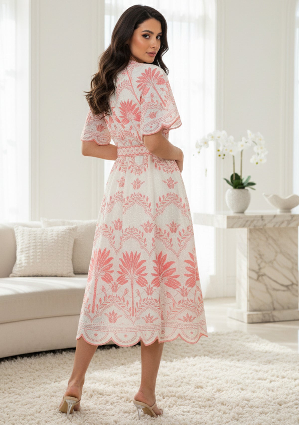 Rifat Long Dress – Beige Botanical Belted Dress | ibBan