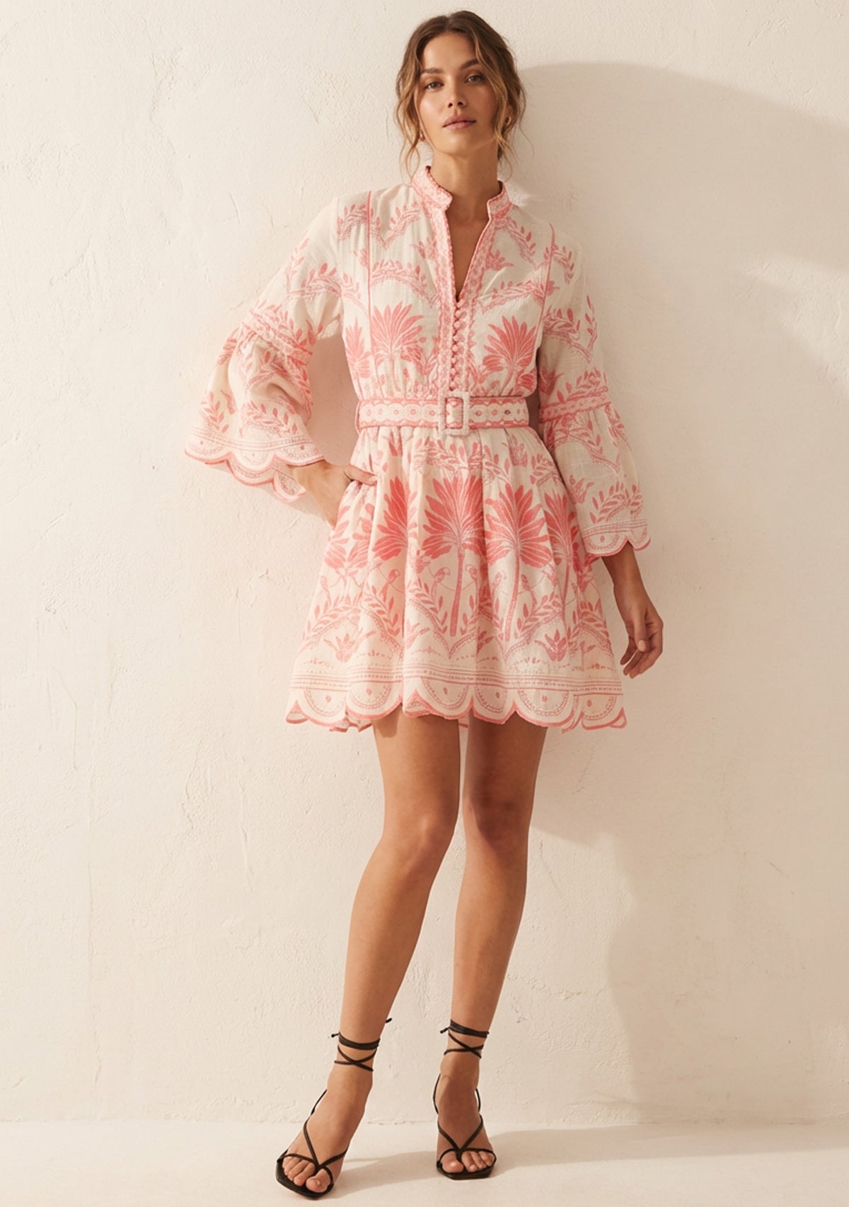 Rifat Short Tunic – Coral Botanical Print & Bell Sleeves | ibBan
