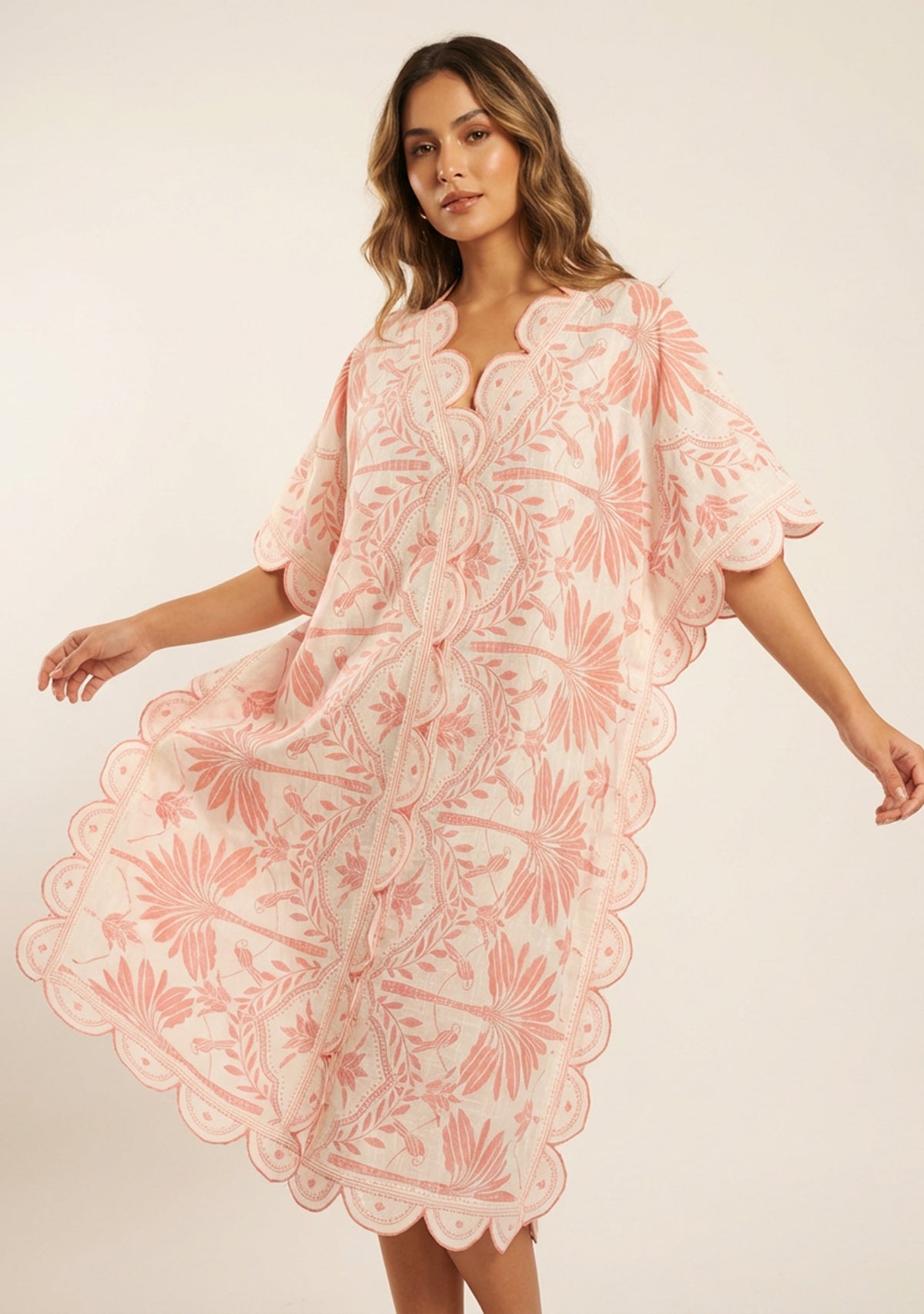 Rifat Corail Botanical Kaftan Dress with Scalloped Edges | ibBan