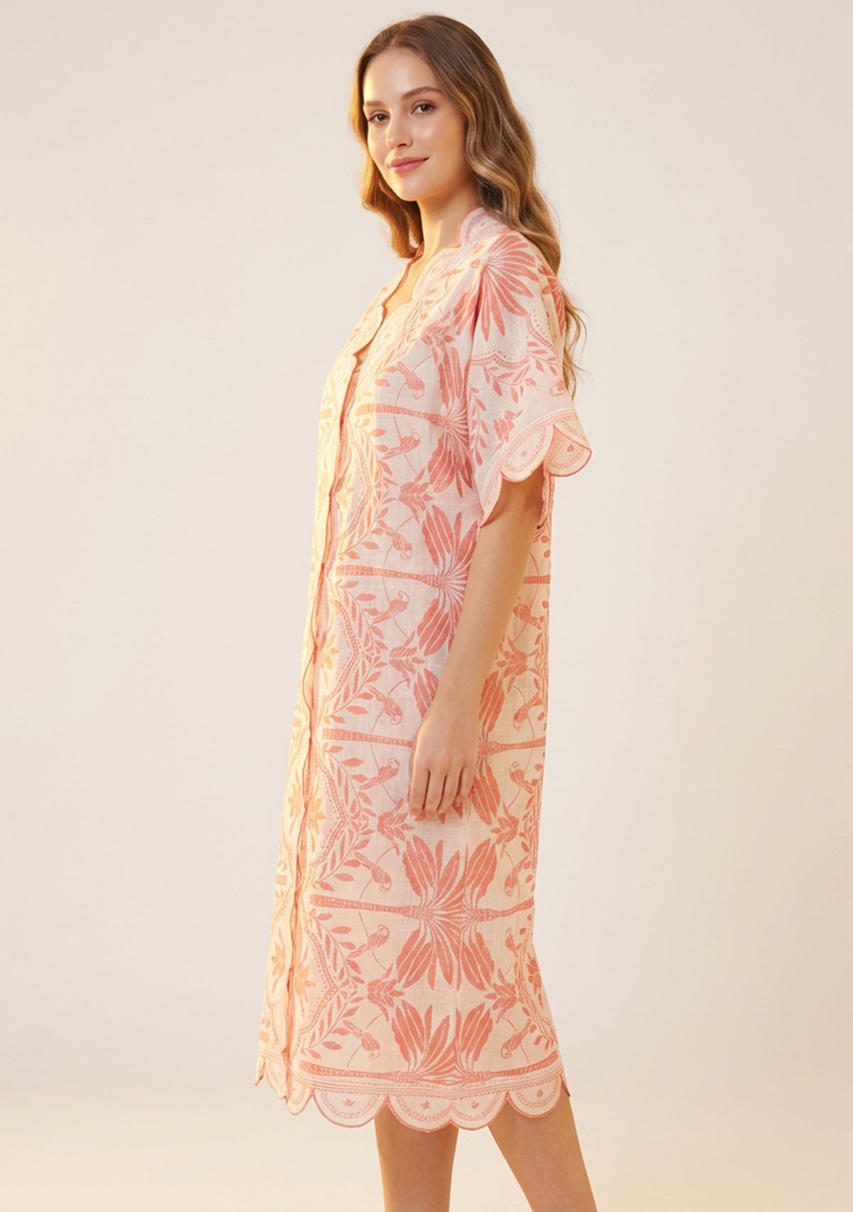 Rifat Corail Botanical Kaftan Dress with Scalloped Edges | ibBan