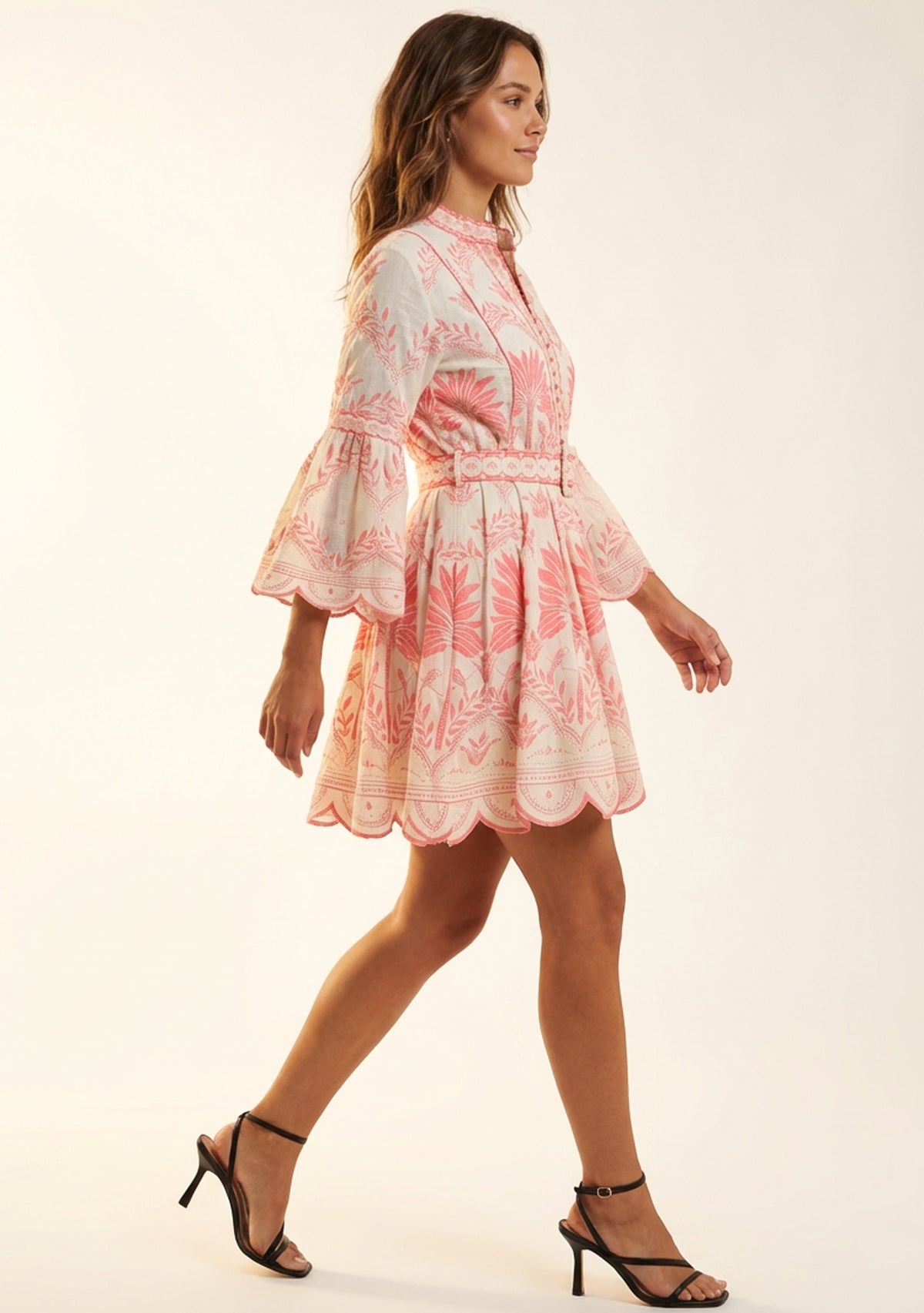 Rifat Short Tunic – Coral Botanical Print & Bell Sleeves | ibBan