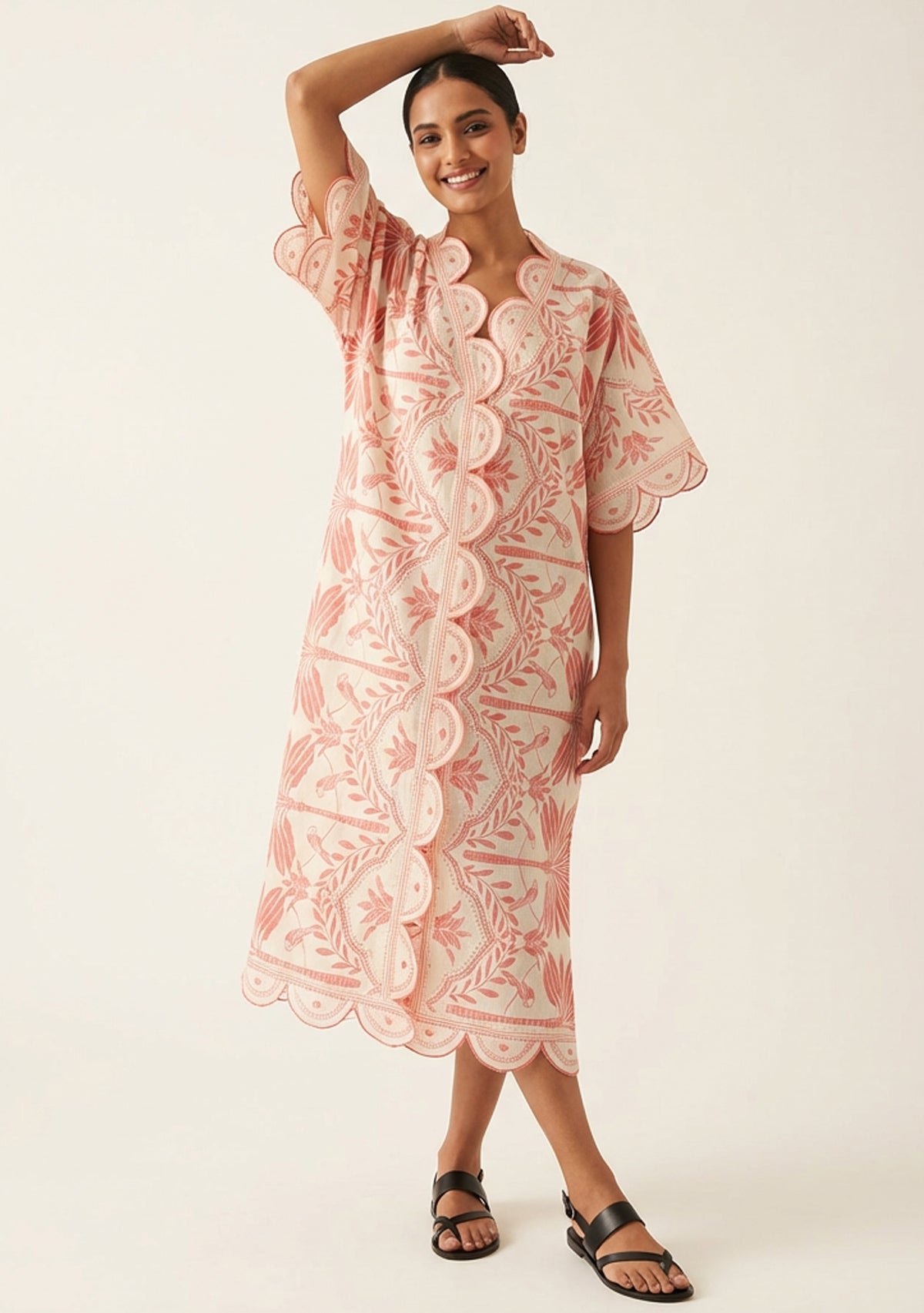 Rifat Corail Botanical Kaftan Dress with Scalloped Edges | ibBan