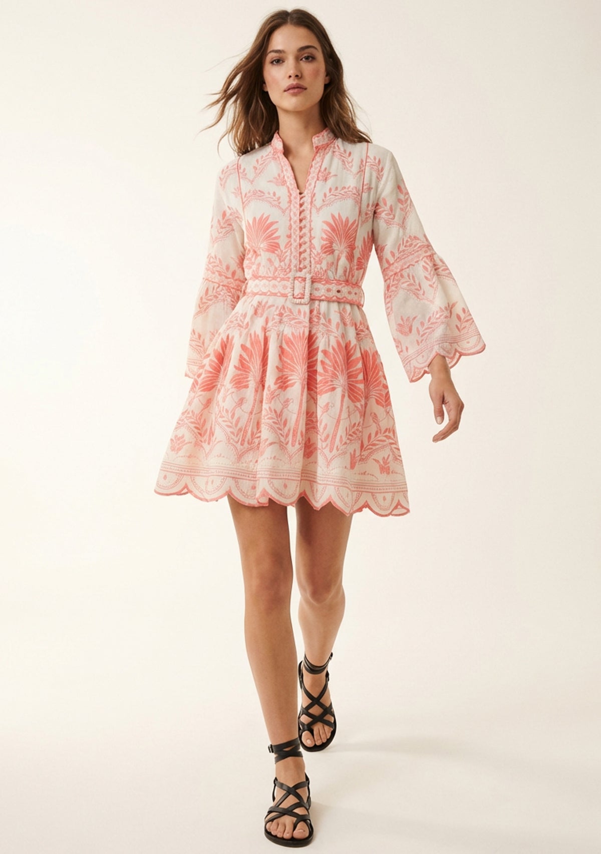 Rifat Short Tunic – Coral Botanical Print & Bell Sleeves | ibBan