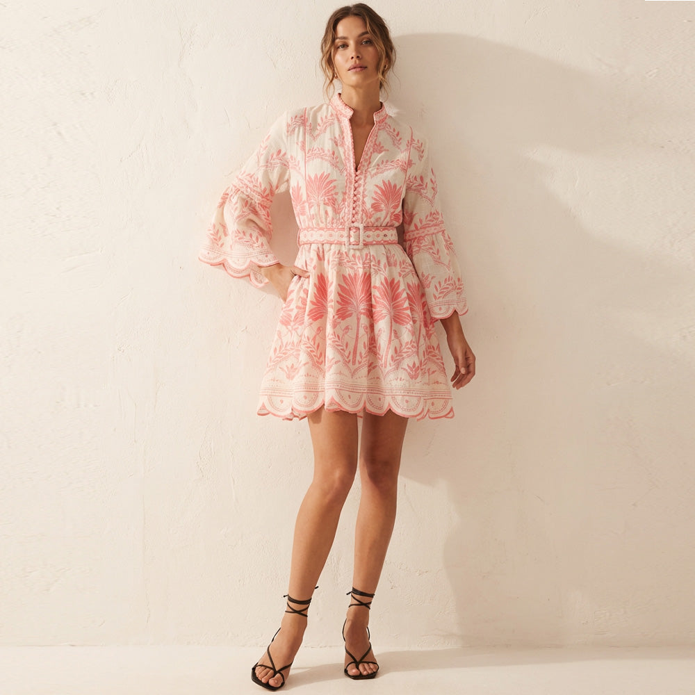 Rifat Short Tunic – Coral Botanical Print & Bell Sleeves | ibBan
