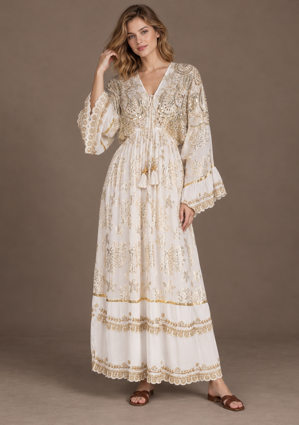 Sofiya Black & Gold Long Dress with Bell Sleeves & Tassel Ties | ibBan