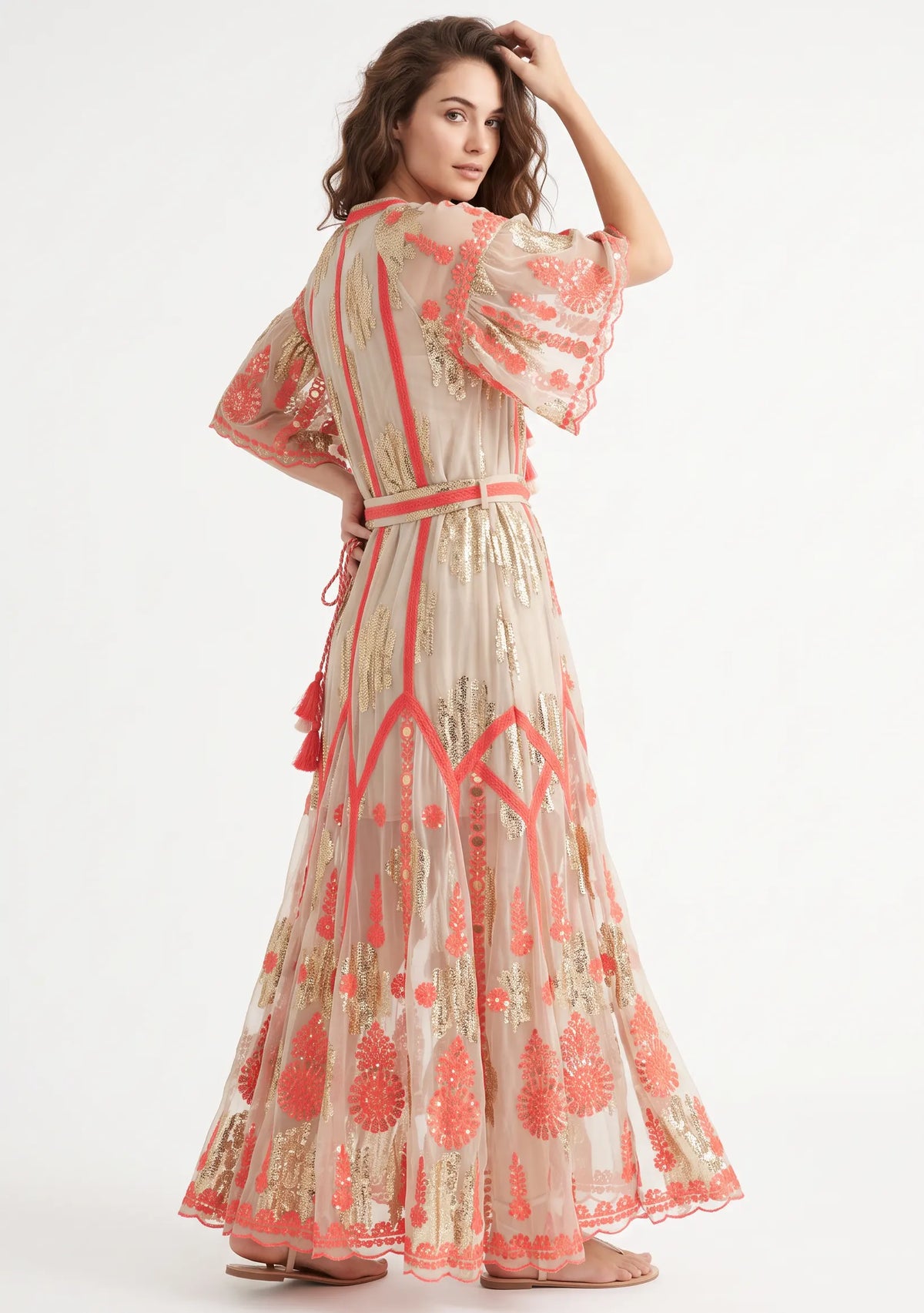 Faiza Long Dress – Embroidered Maxi Dress with Tie Belt | ibBan
