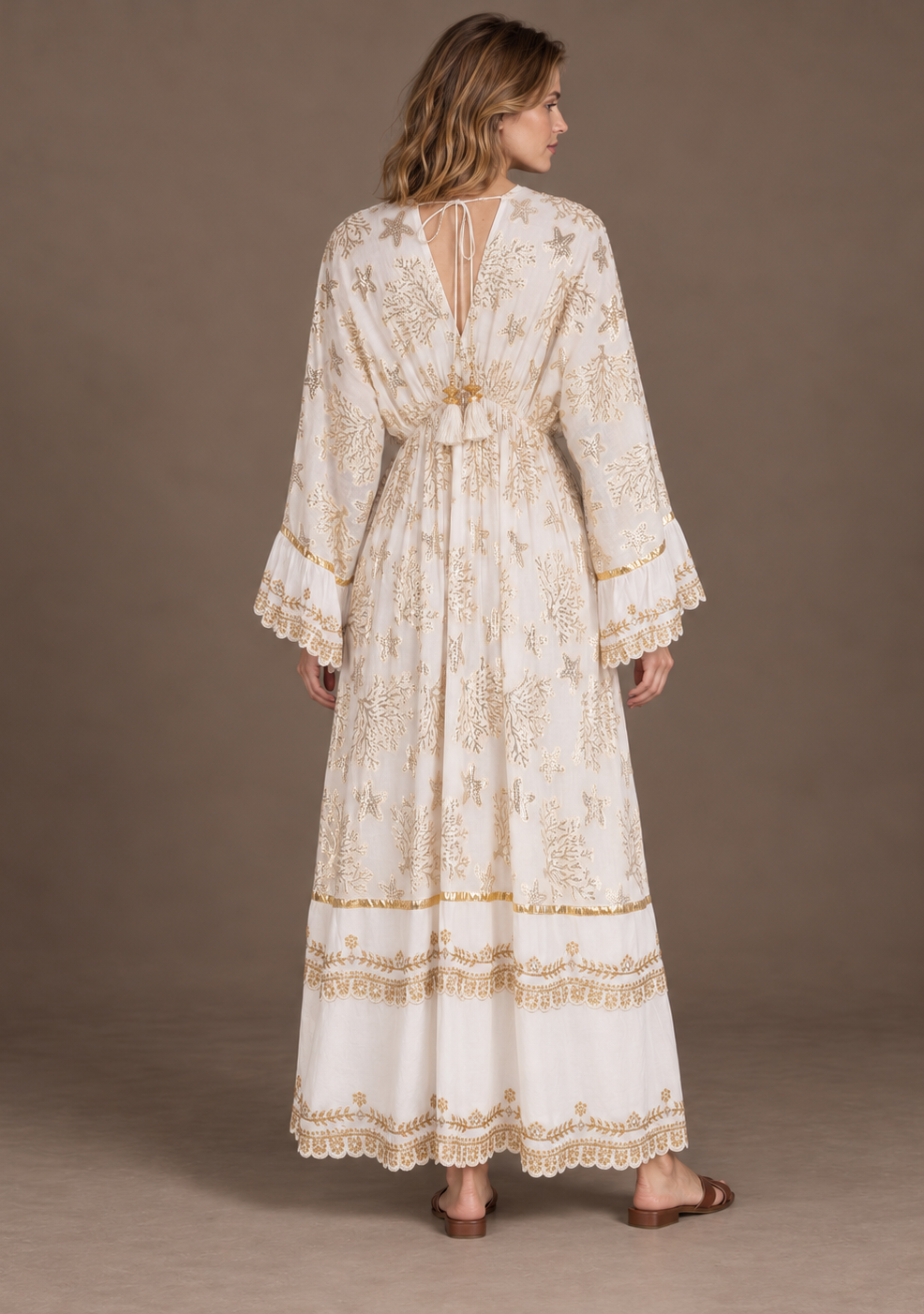 Sofiya Black & Gold Long Dress with Bell Sleeves & Tassel Ties | ibBan