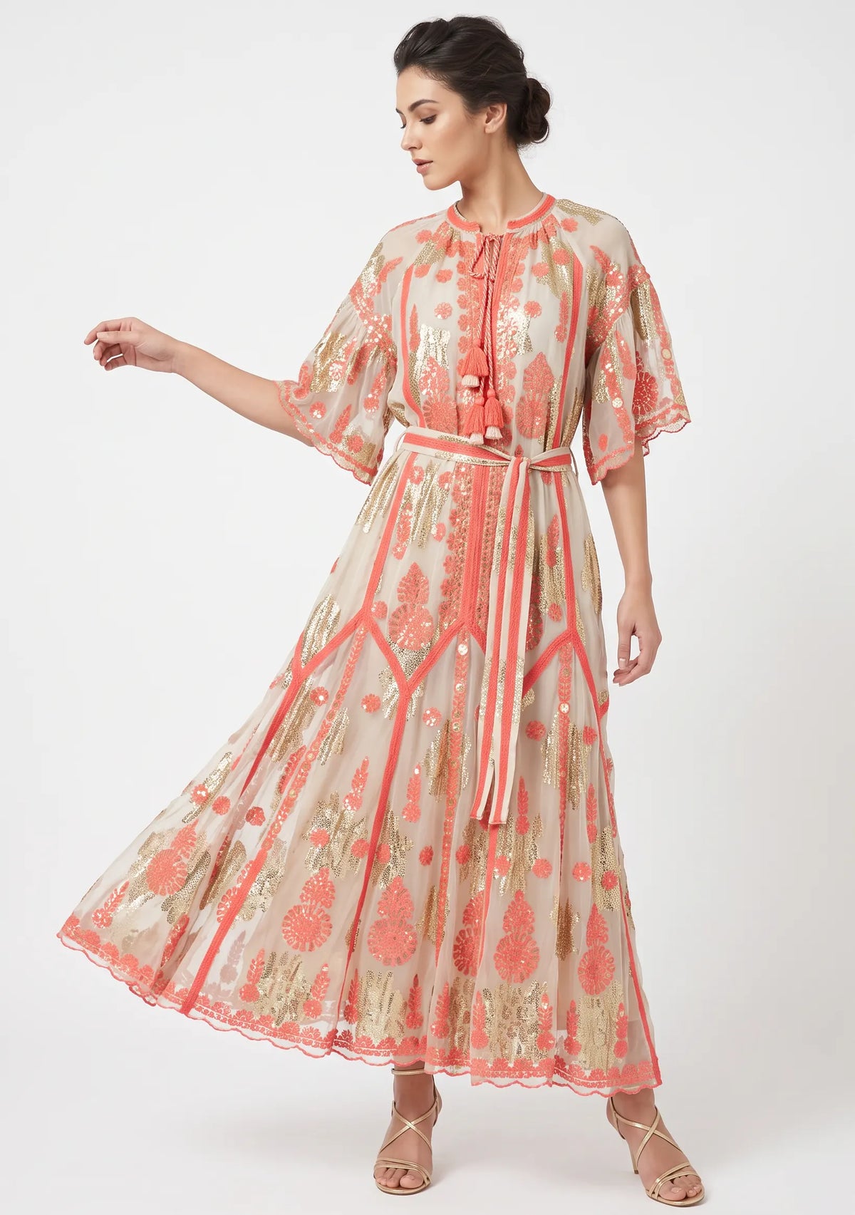 Faiza Long Dress – Embroidered Maxi Dress with Tie Belt | ibBan