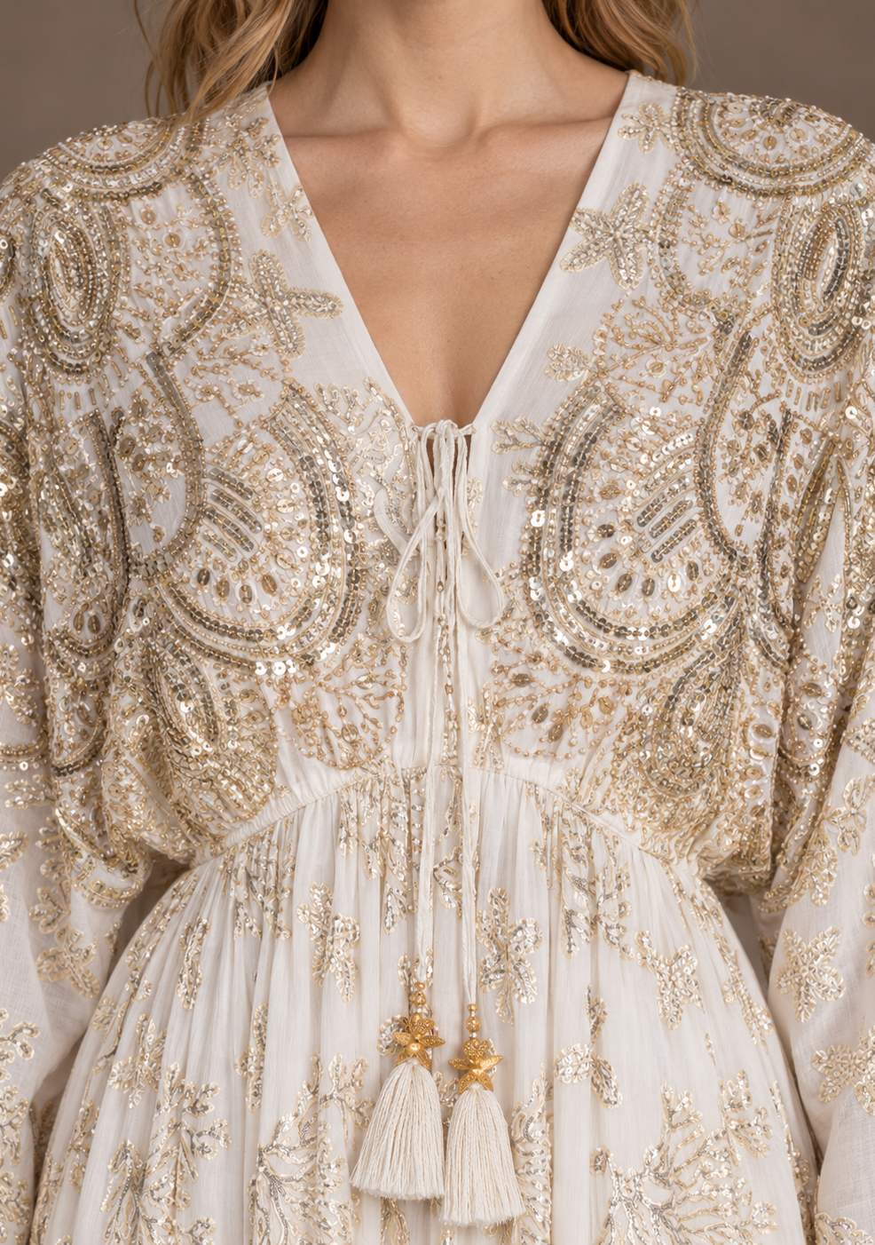 Sofiya Black & Gold Long Dress with Bell Sleeves & Tassel Ties | ibBan