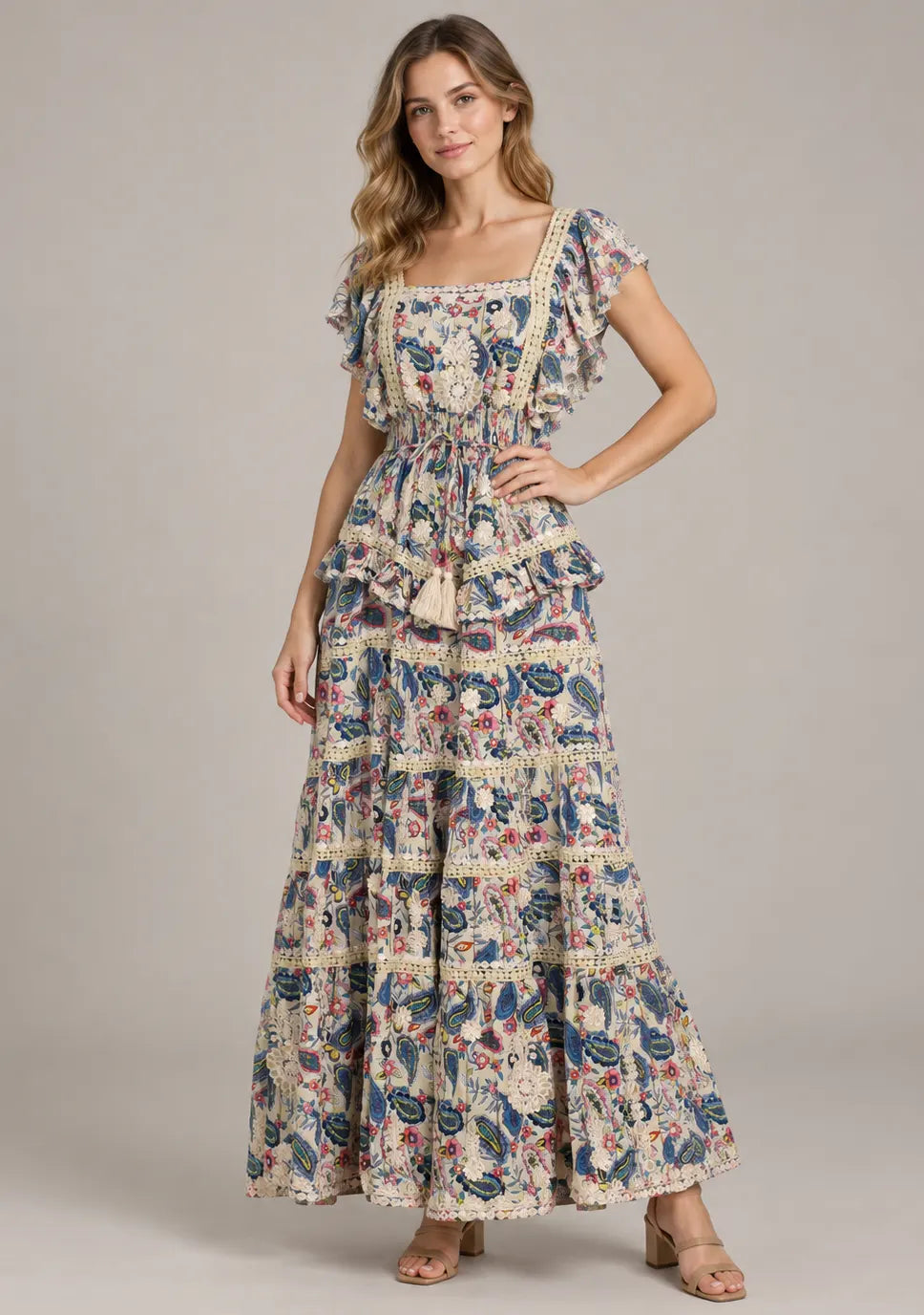 Women’s Cotton Floral Embroidered Tiered long Dress -Nafia