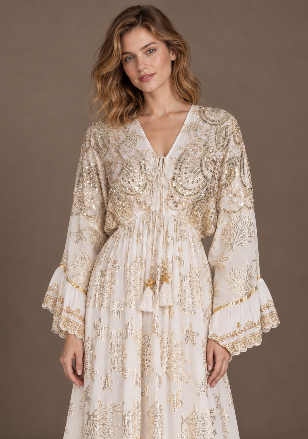 Sofiya Black & Gold Long Dress with Bell Sleeves & Tassel Ties | ibBan
