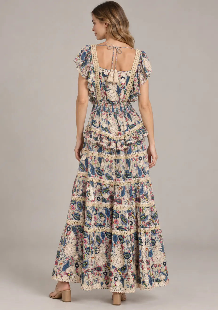 Women’s Cotton Floral Embroidered Tiered long Dress -Nafia