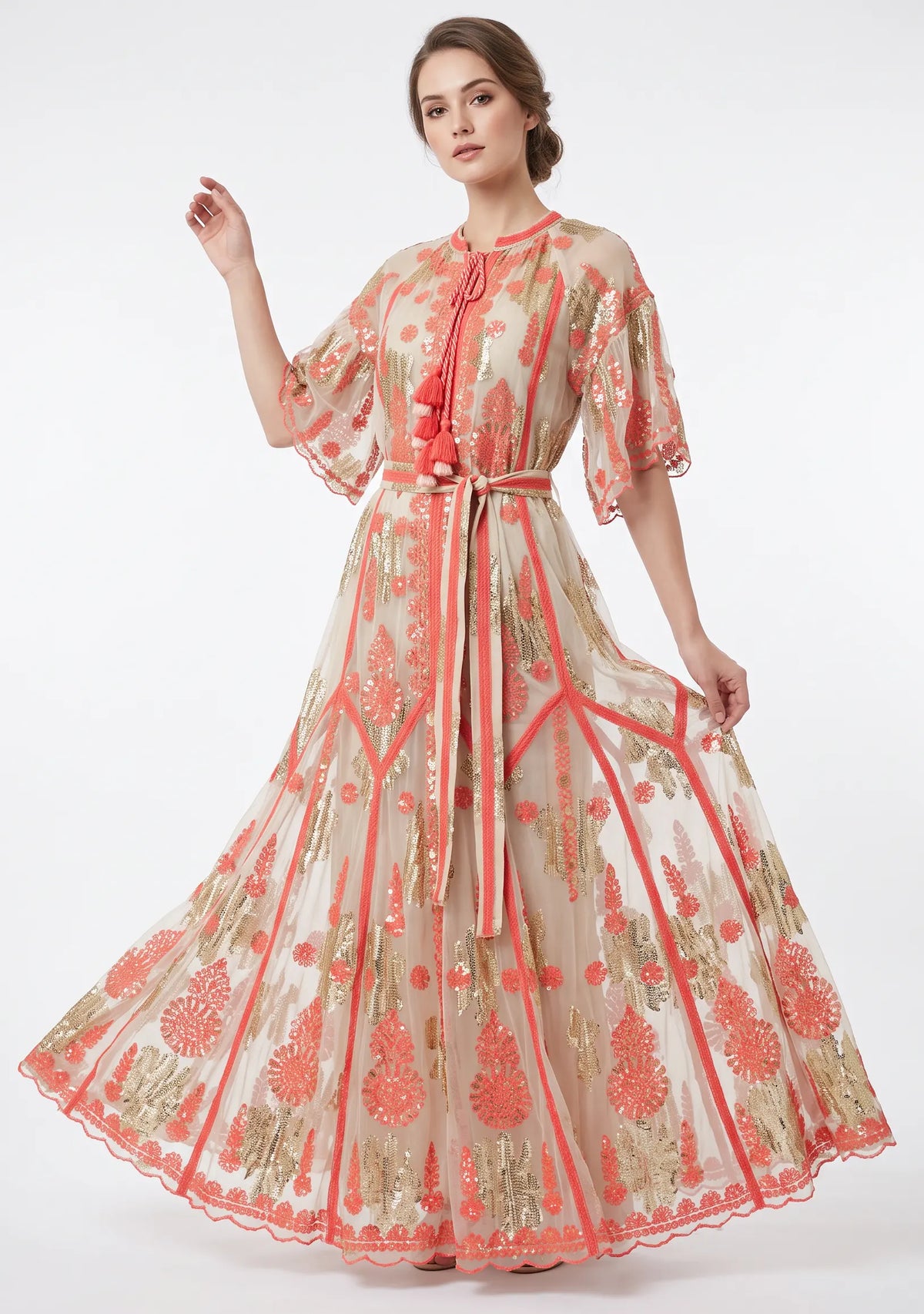 Faiza Long Dress – Embroidered Maxi Dress with Tie Belt | ibBan