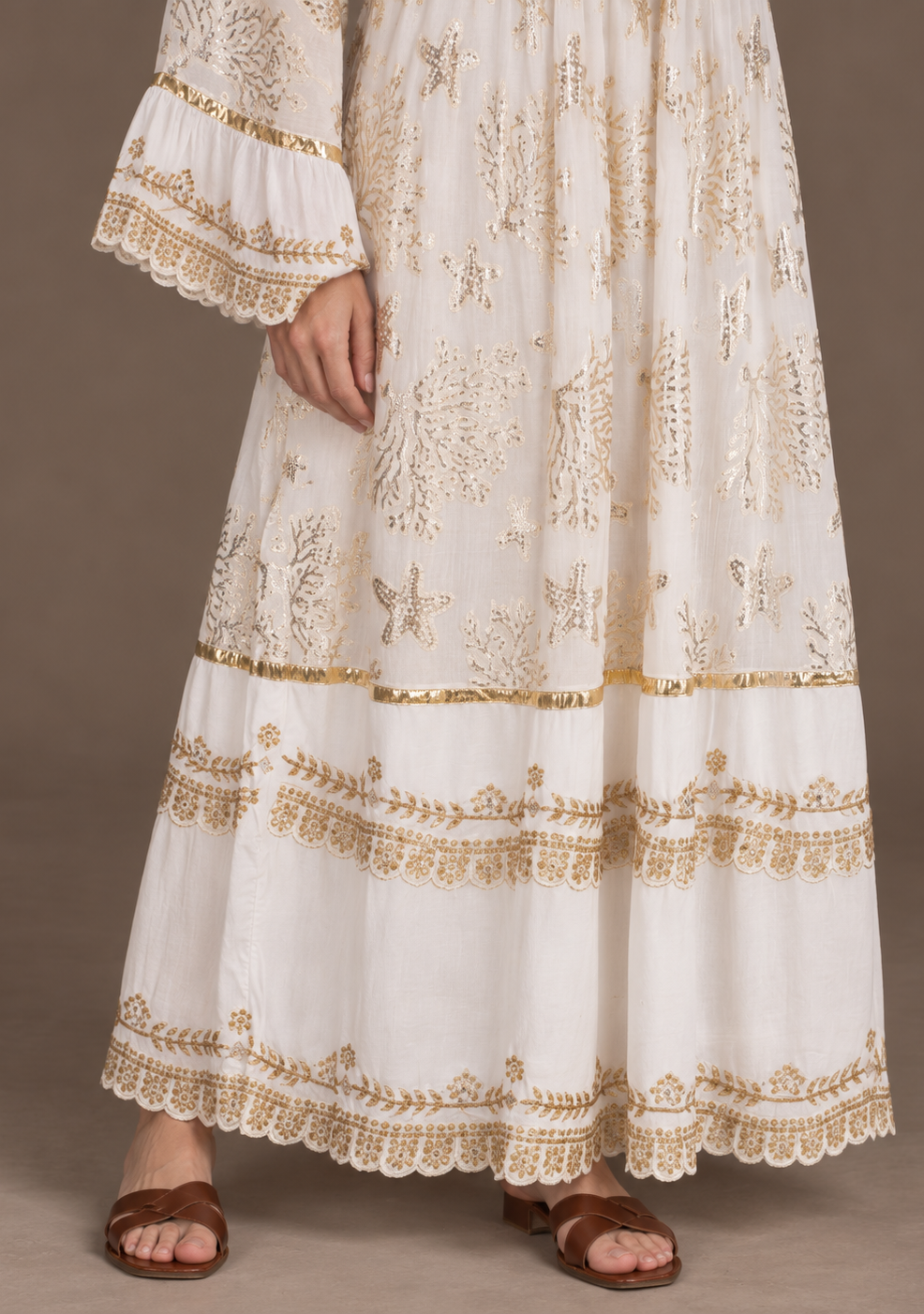 Sofiya Black & Gold Long Dress with Bell Sleeves & Tassel Ties | ibBan