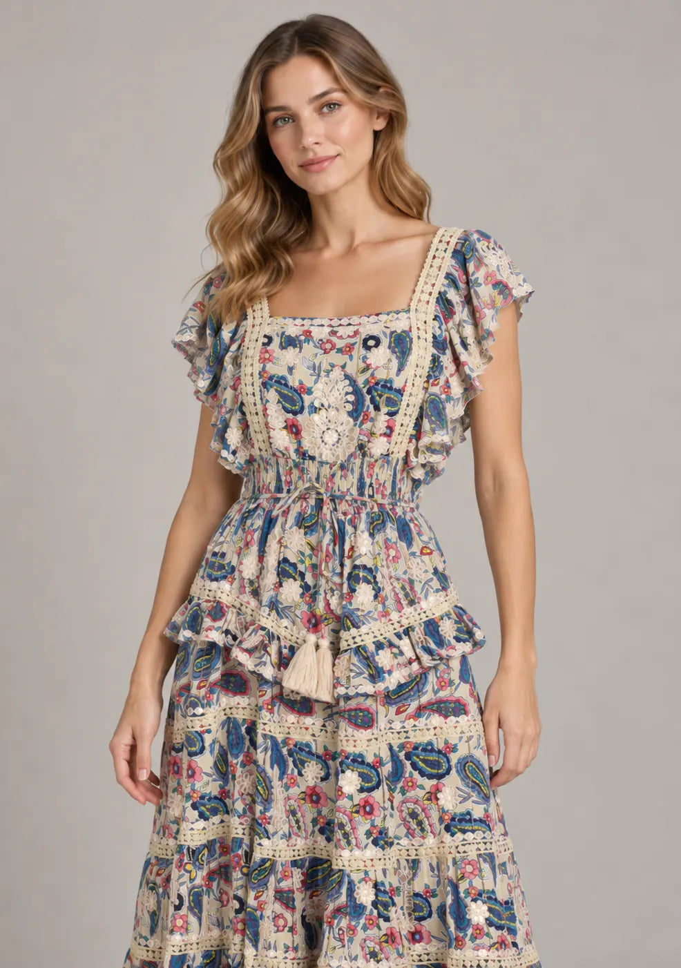 Women’s Cotton Floral Embroidered Tiered long Dress -Nafia