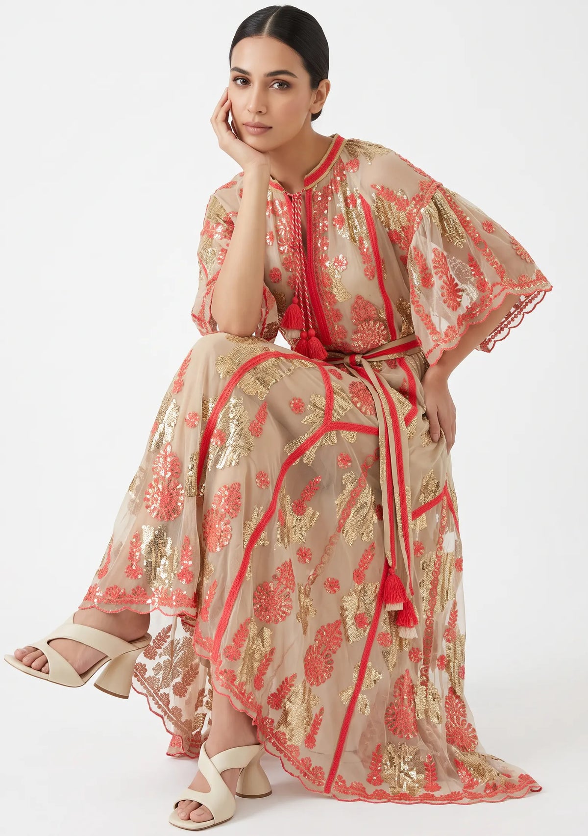 Faiza Long Dress – Embroidered Maxi Dress with Tie Belt | ibBan