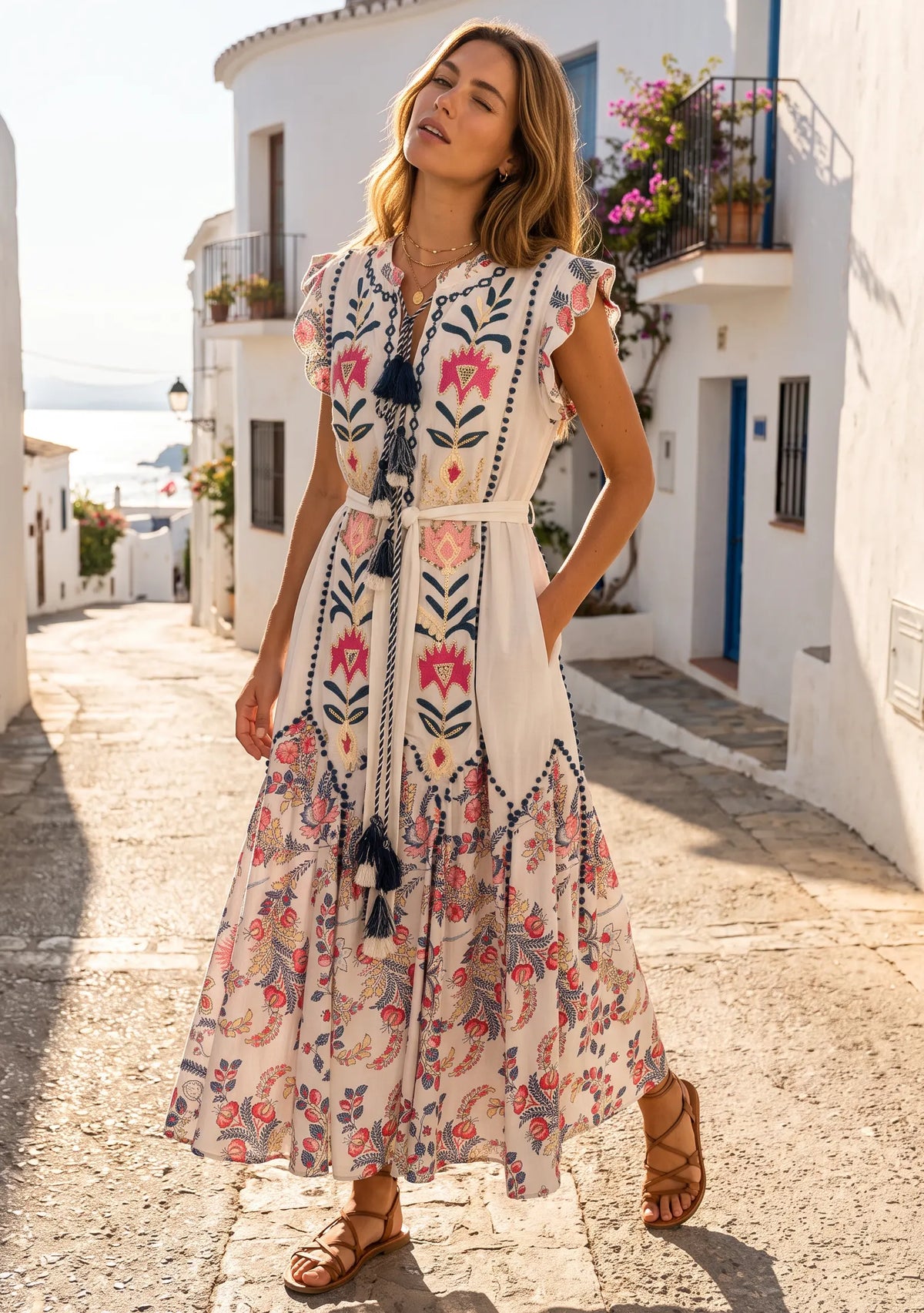 ibBan Women’s Cream Floral Printed Cotton Long Dress-Nihal