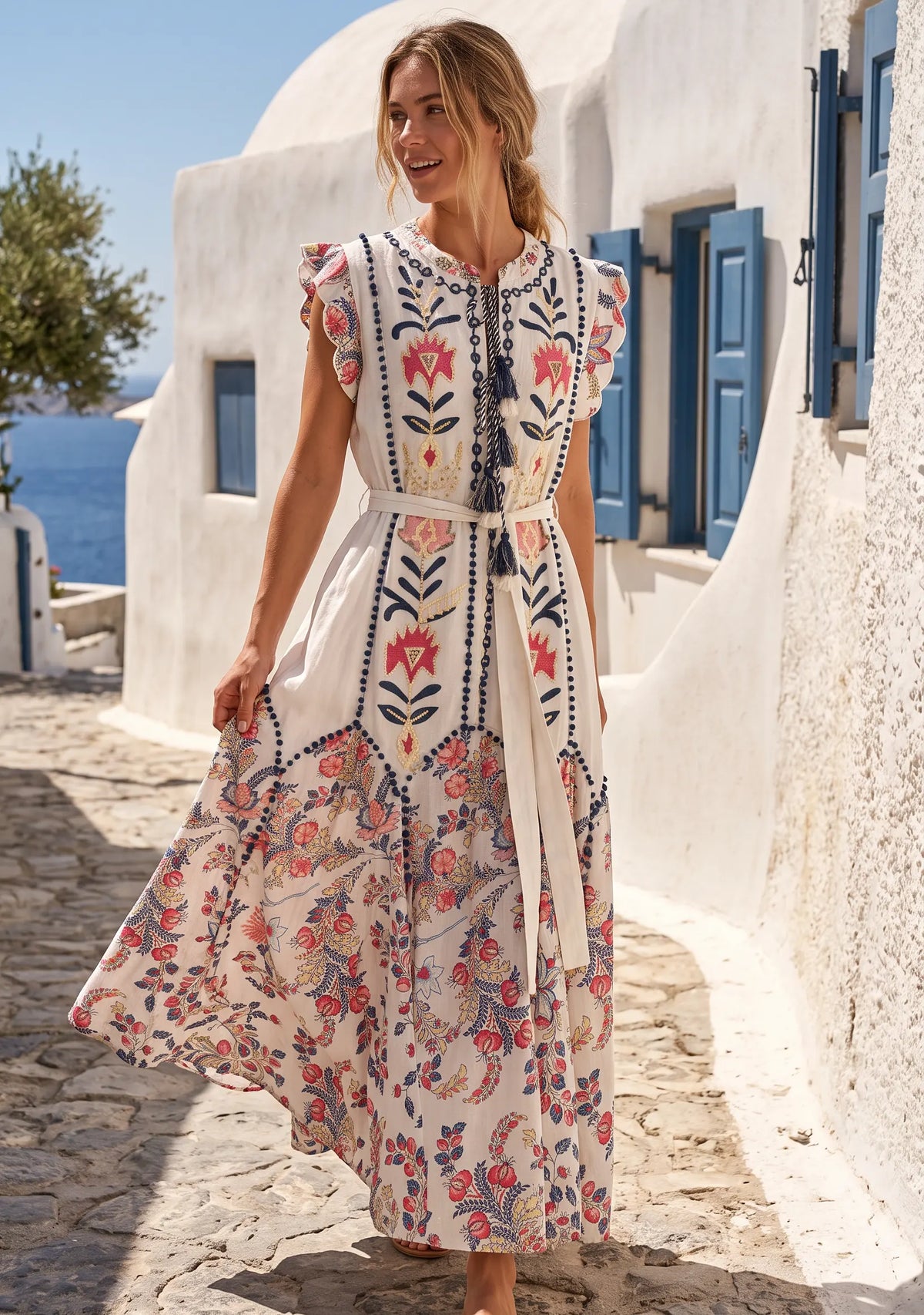 ibBan Women’s Cream Floral Printed Cotton Long Dress-Nihal