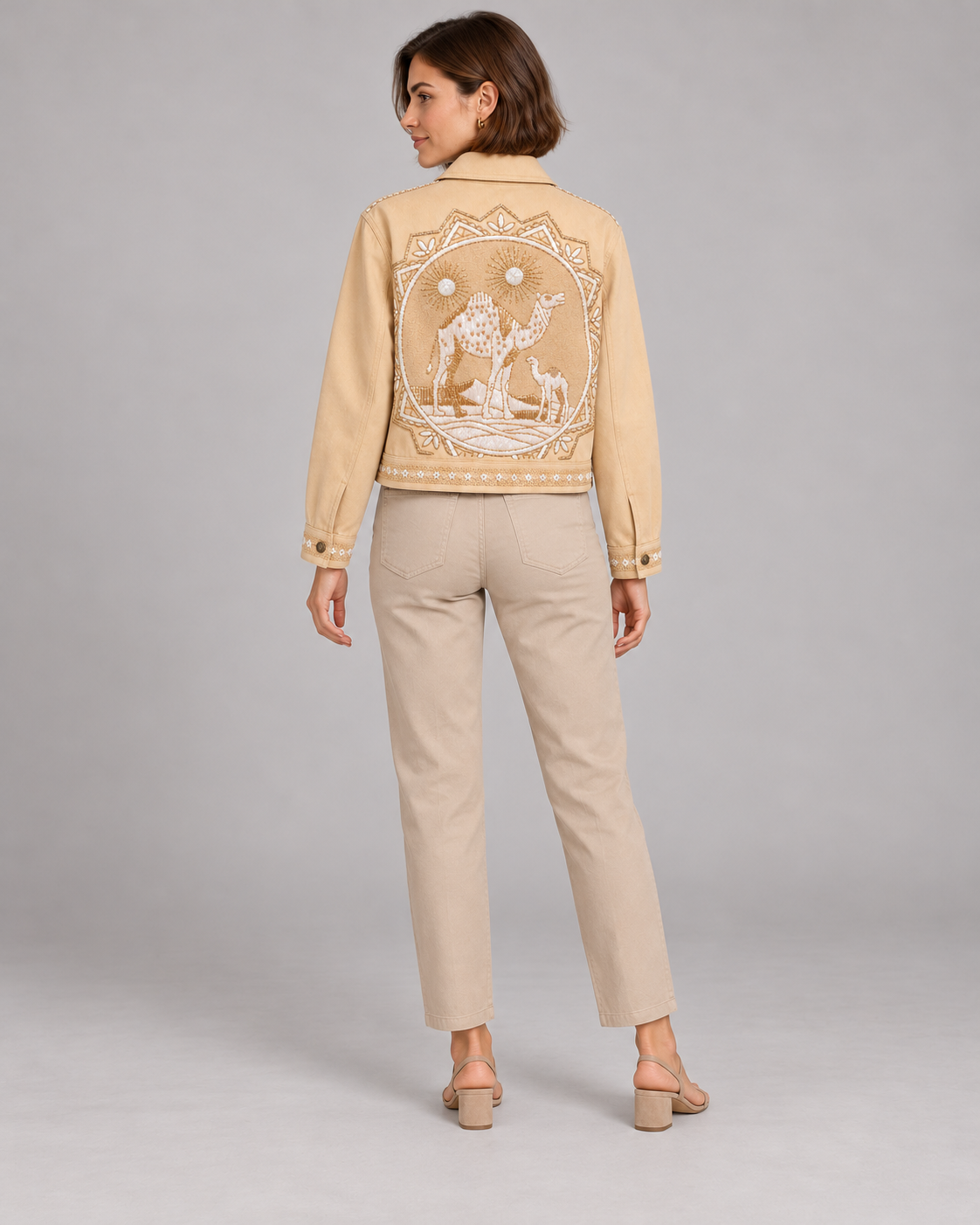 Sahara Sand Cropped Jacket with Camel Embroidery | ibBan