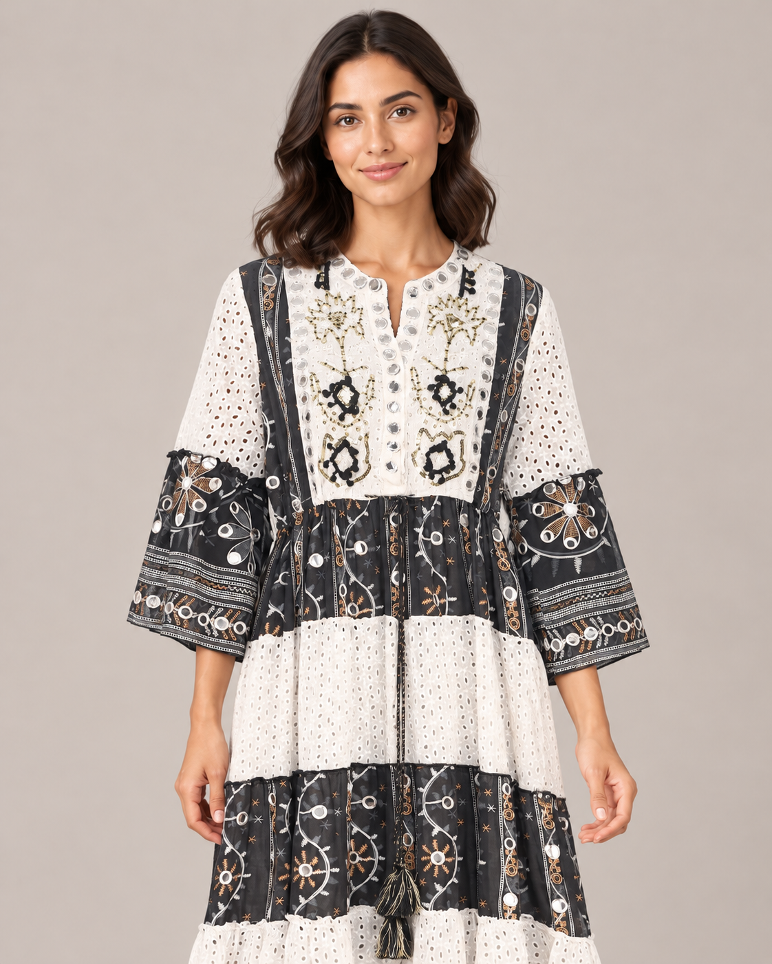 Embroidered Eyelet Mansi Long Tunic with Bell Sleeves | ibBan