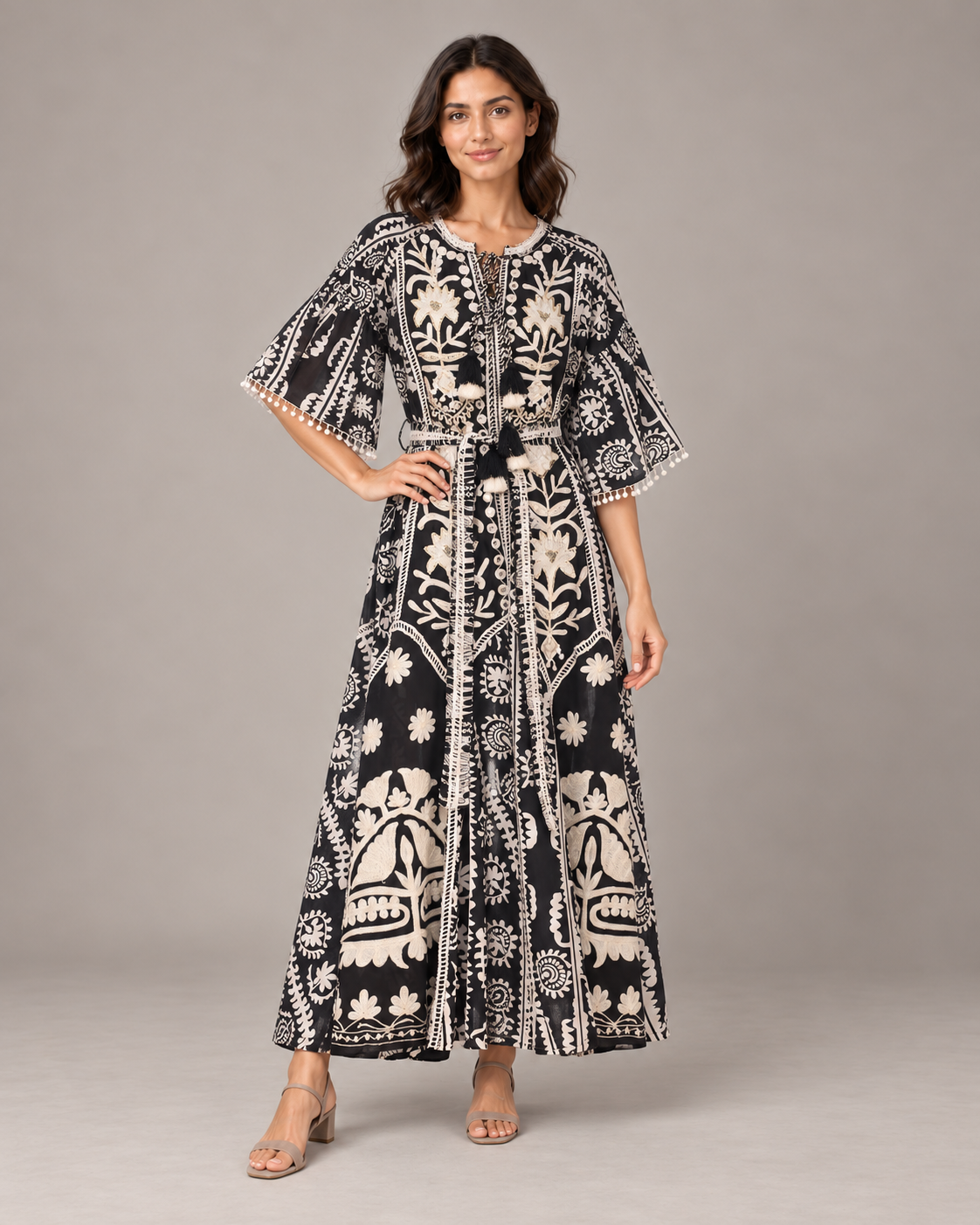 Floral Embroidered Nancy Maxi Dress with Bell Sleeves & Belt | ibBan