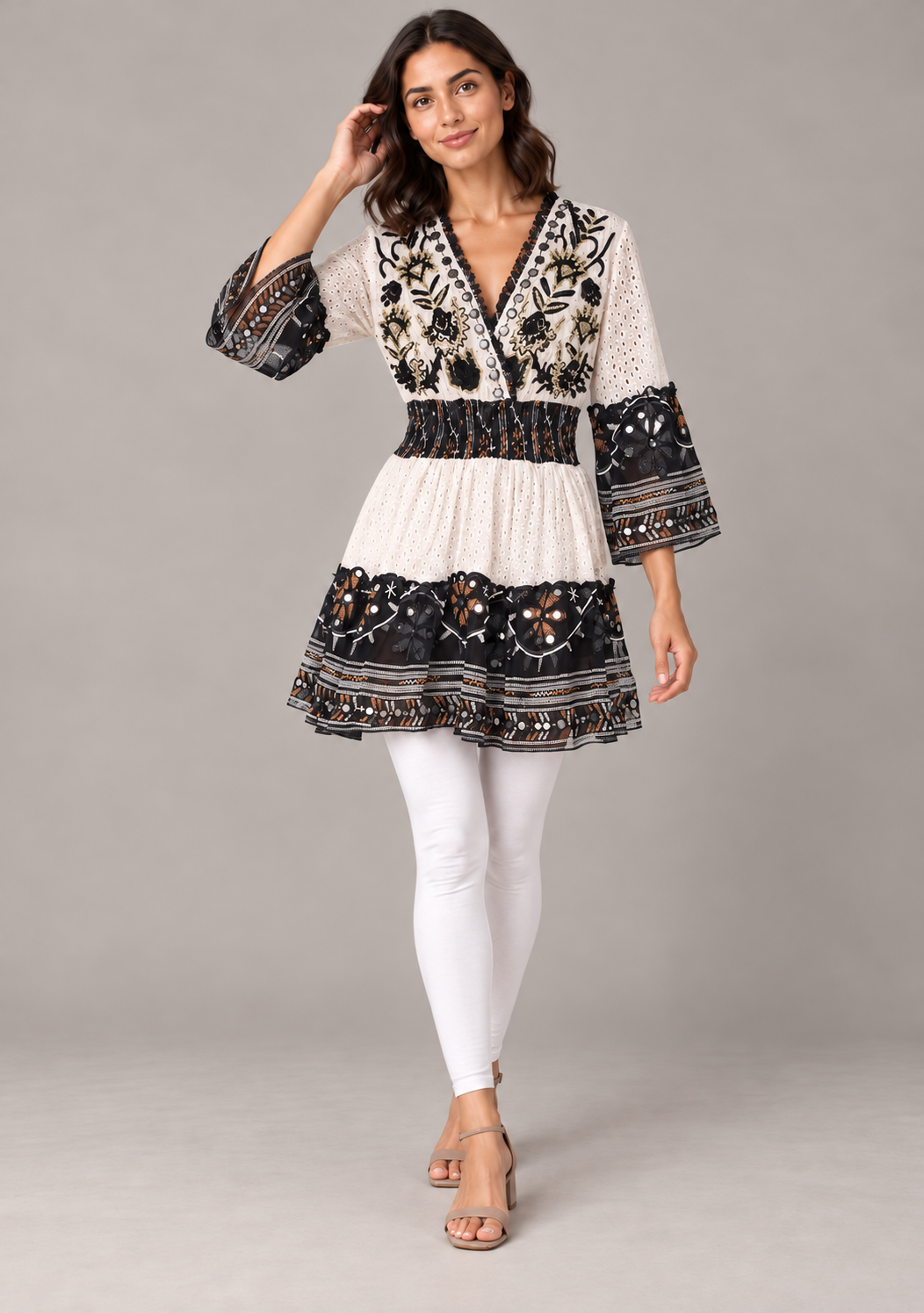 Embroidered Eyelet Mansi Short Dress with V-Neck & Bell Sleeves | ibBan