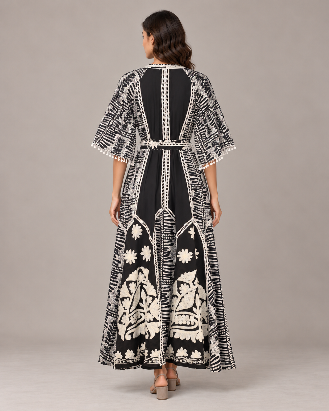 Botanical Embroidered Isha Maxi Dress with Belt & Bell Sleeves | ibBan