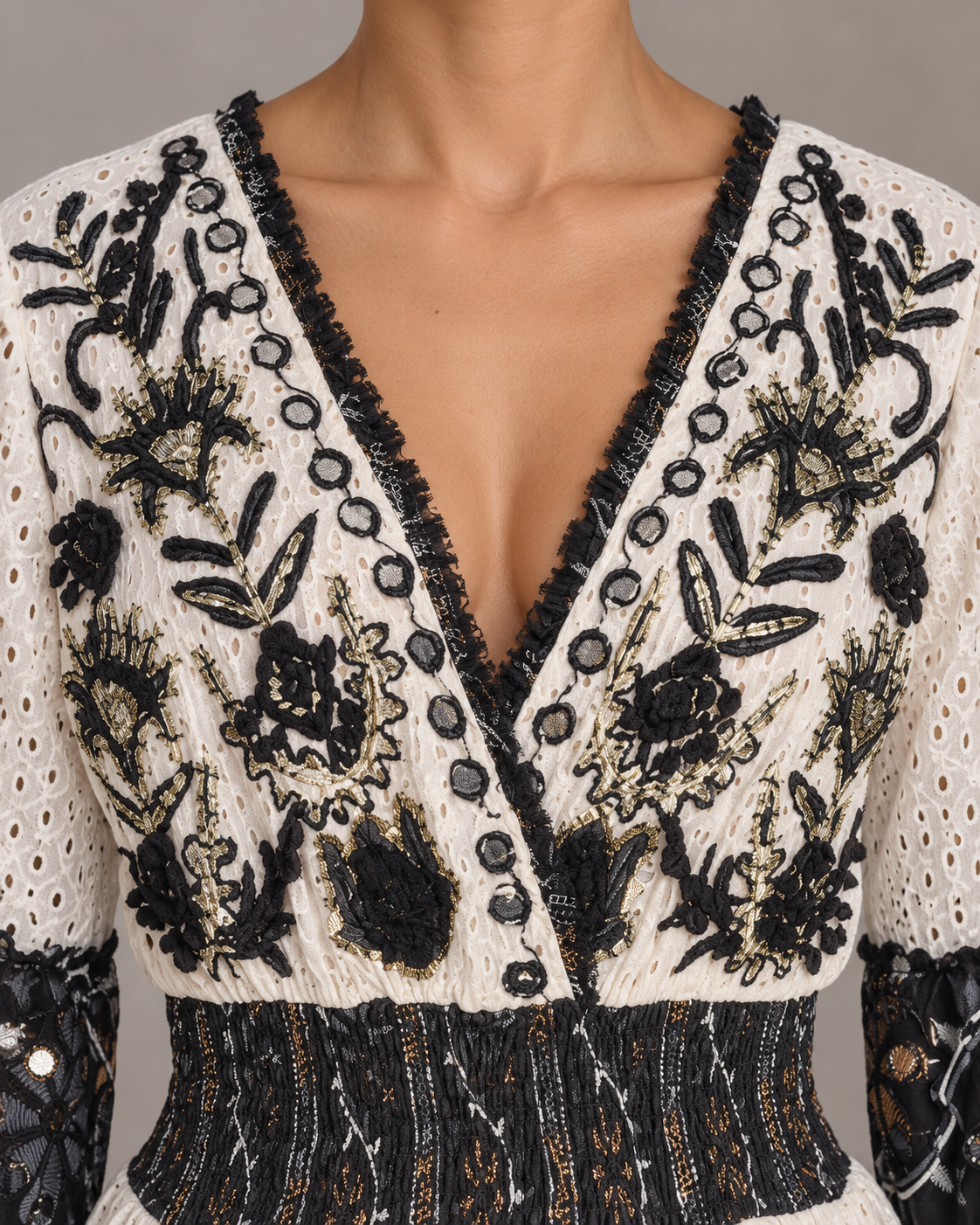 Embroidered Eyelet Mansi Short Dress with V-Neck & Bell Sleeves | ibBan