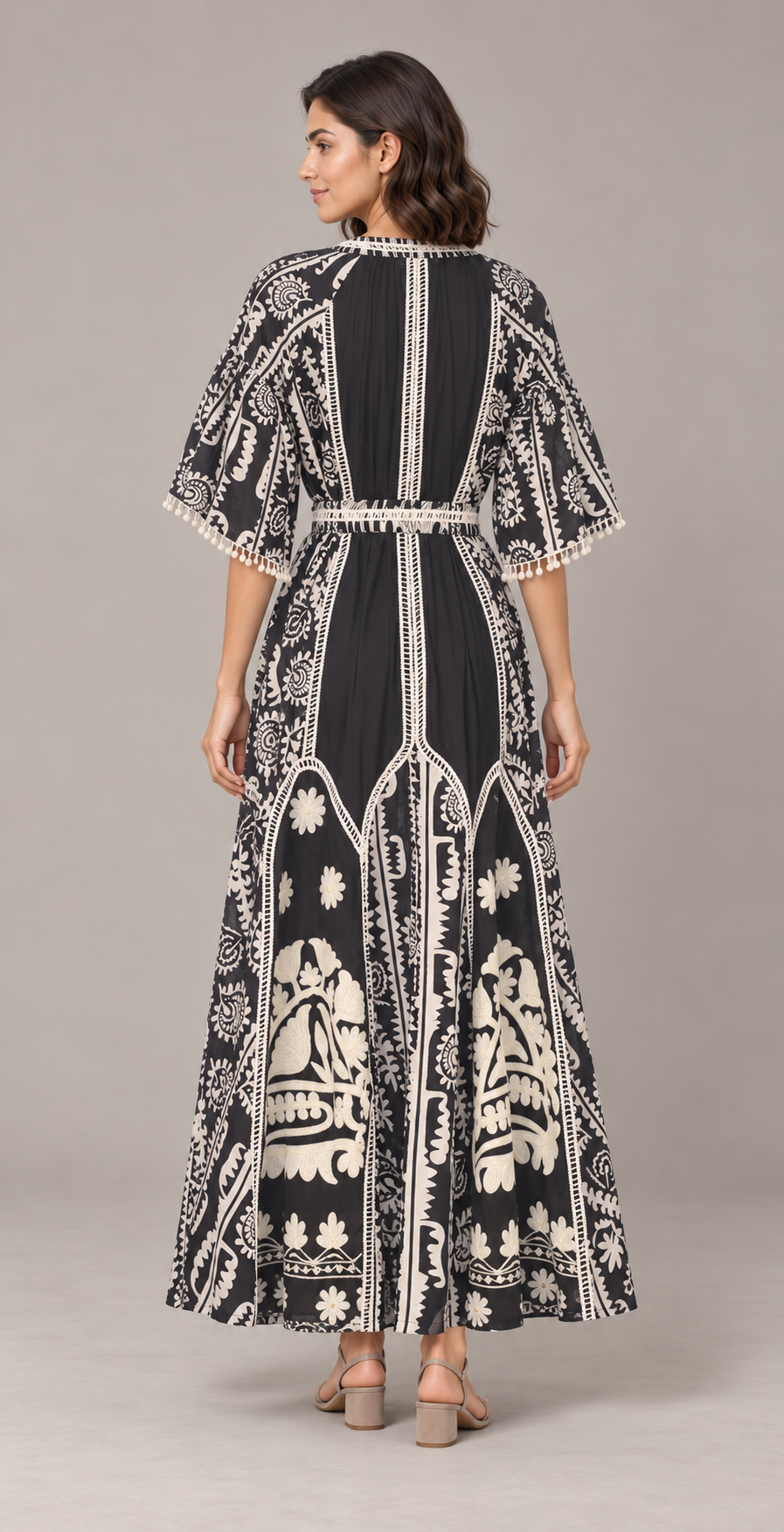 Floral Embroidered Nancy Maxi Dress with Bell Sleeves & Belt | ibBan