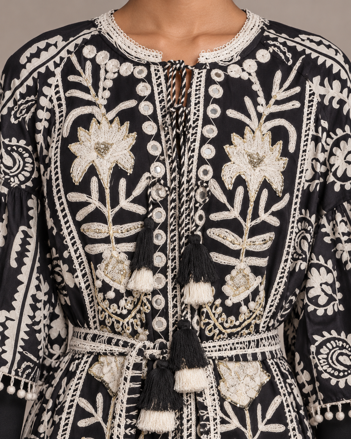Floral Embroidered Nancy Maxi Dress with Bell Sleeves & Belt | ibBan