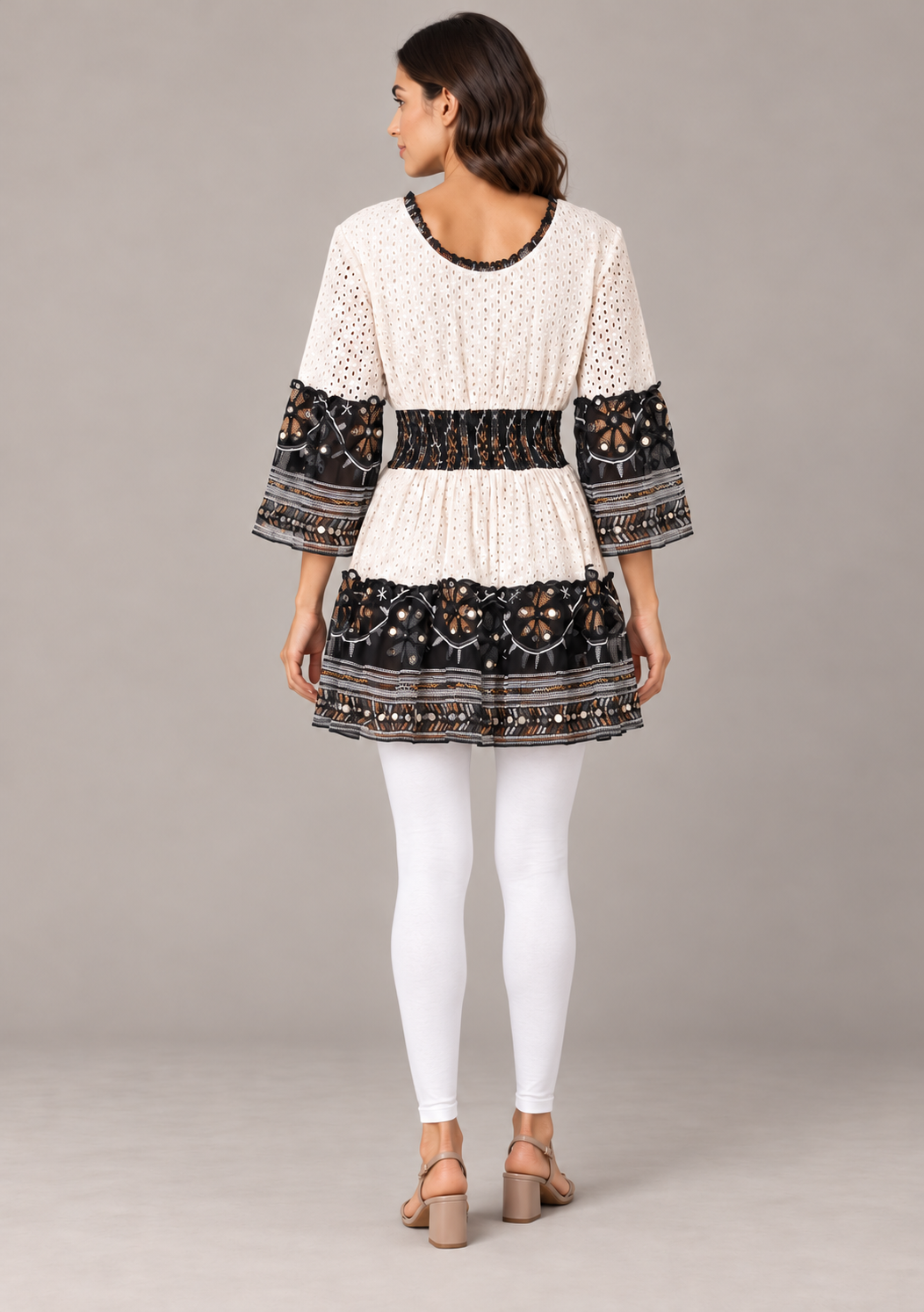 Embroidered Eyelet Mansi Short Dress with V-Neck & Bell Sleeves | ibBan