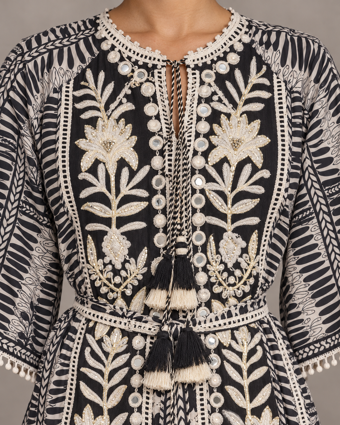 Botanical Embroidered Isha Maxi Dress with Belt & Bell Sleeves | ibBan
