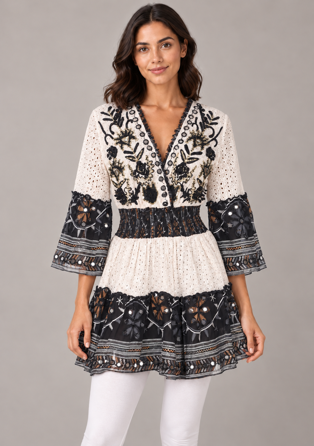Embroidered Eyelet Mansi Short Dress with V-Neck & Bell Sleeves | ibBan