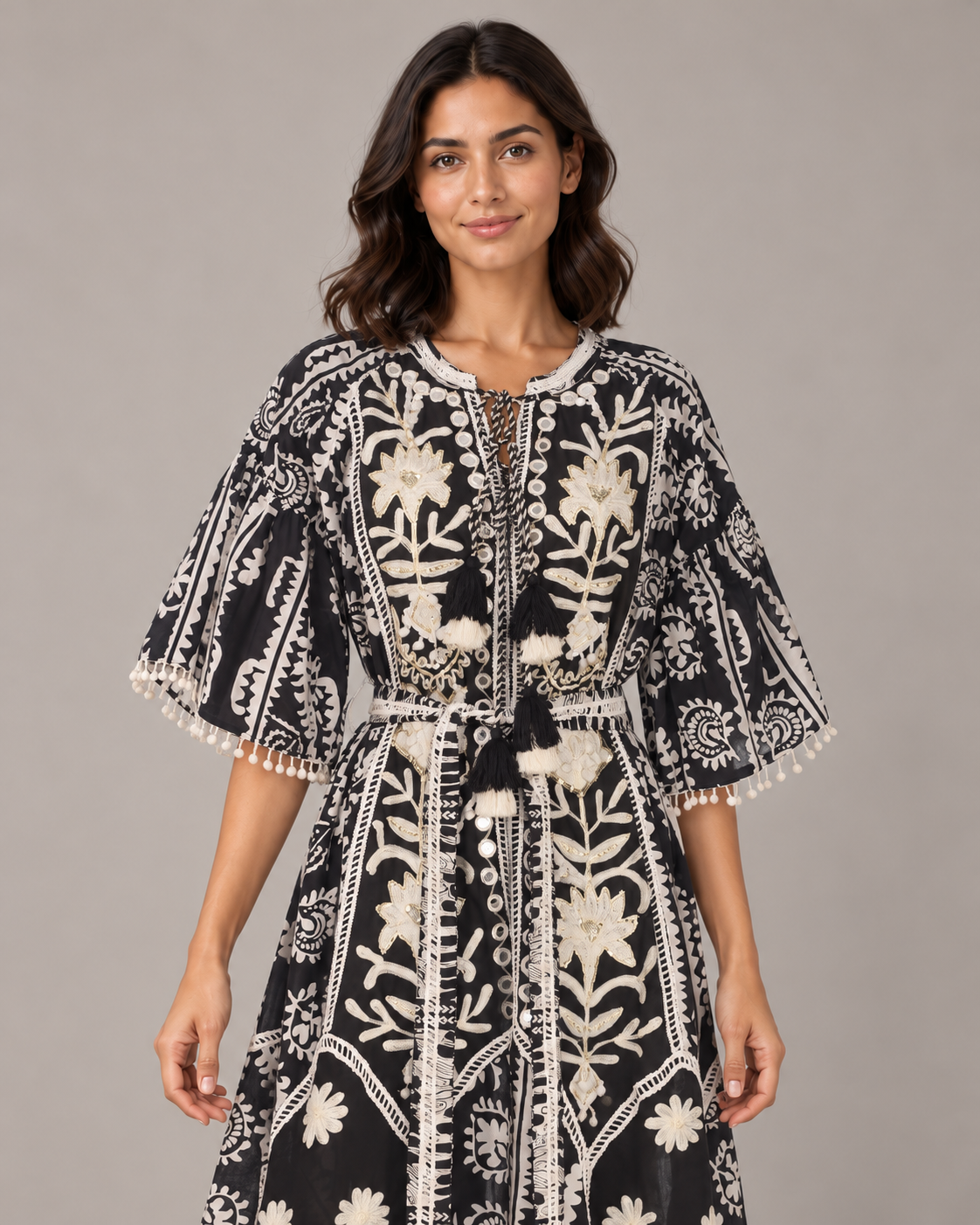 Floral Embroidered Nancy Maxi Dress with Bell Sleeves & Belt | ibBan