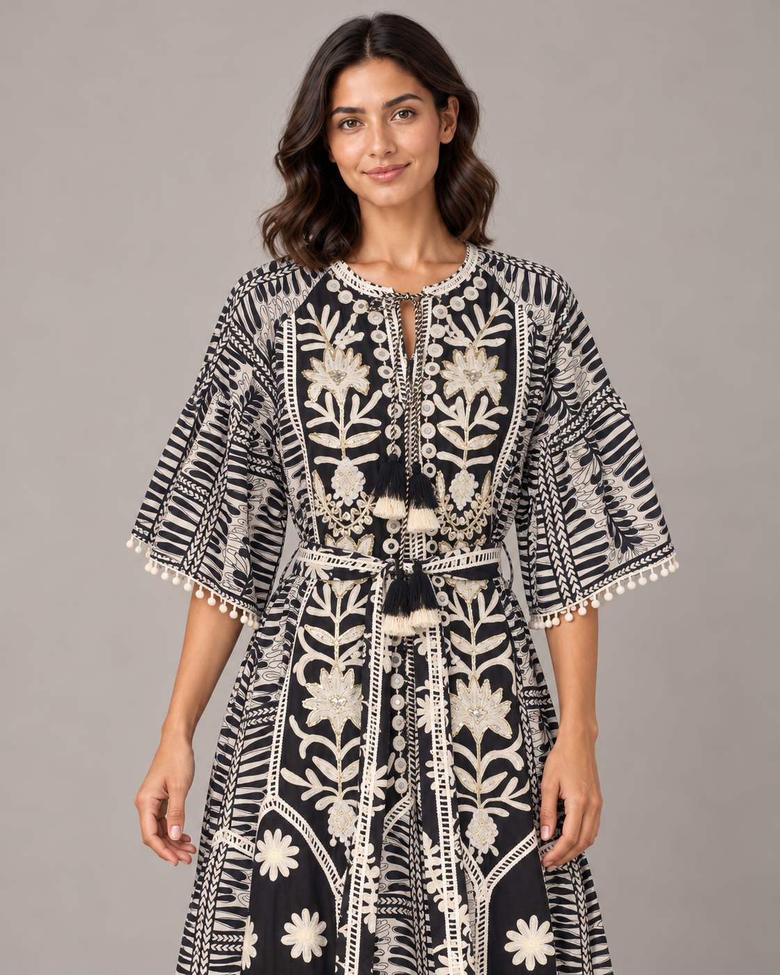 Botanical Embroidered Isha Maxi Dress with Belt & Bell Sleeves | ibBan