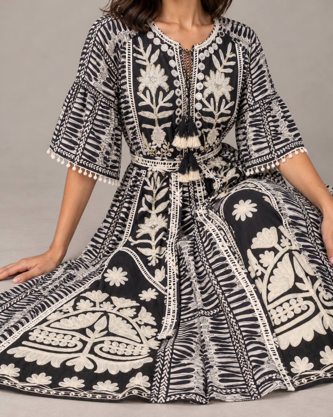 Botanical Embroidered Isha Maxi Dress with Belt & Bell Sleeves | ibBan
