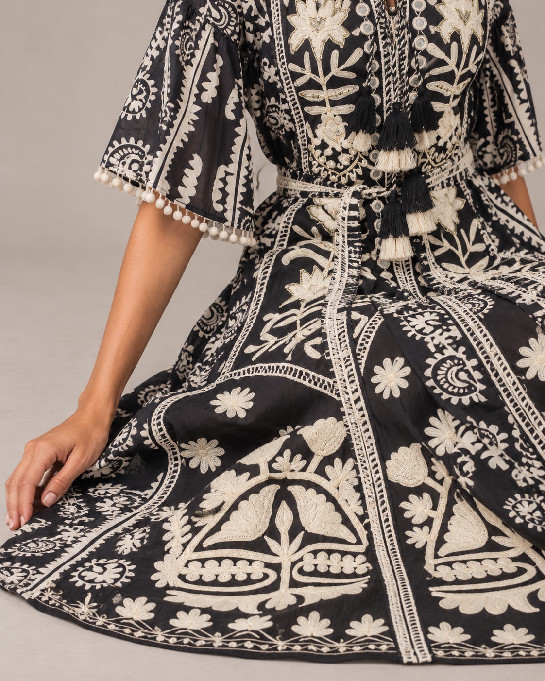 Floral Embroidered Nancy Maxi Dress with Bell Sleeves & Belt | ibBan