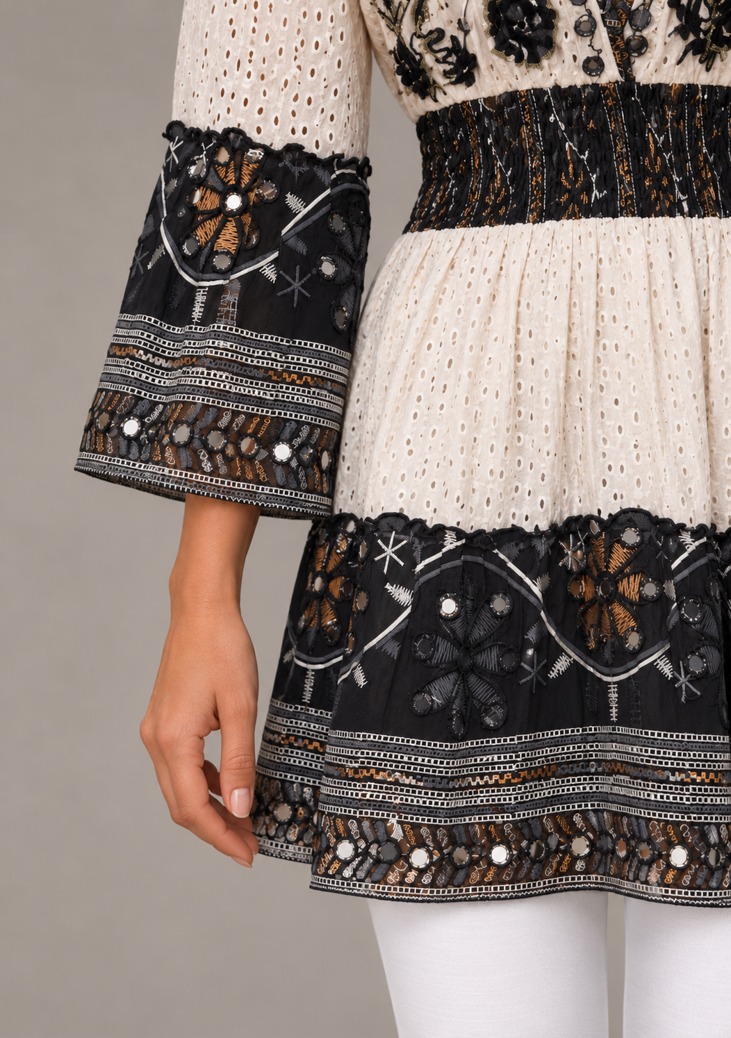 Embroidered Eyelet Mansi Short Dress with V-Neck & Bell Sleeves | ibBan