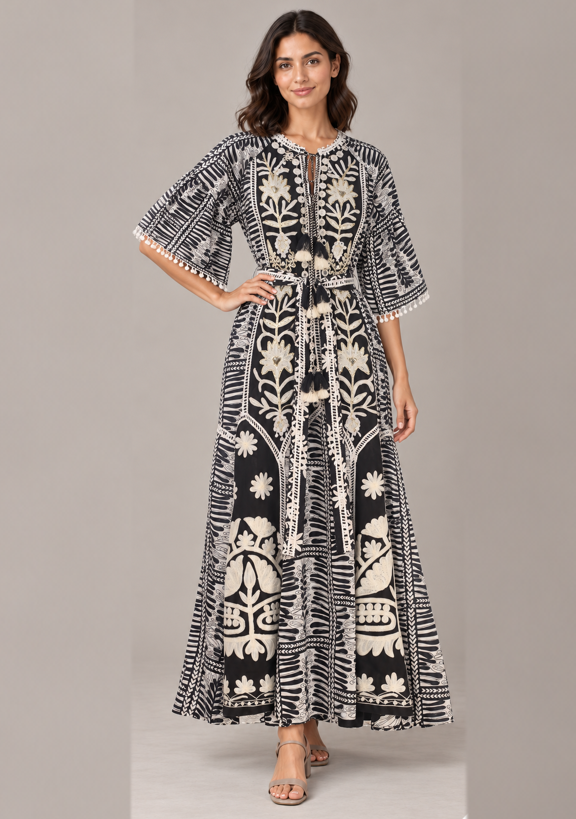 Botanical Embroidered Isha Maxi Dress with Belt & Bell Sleeves | ibBan