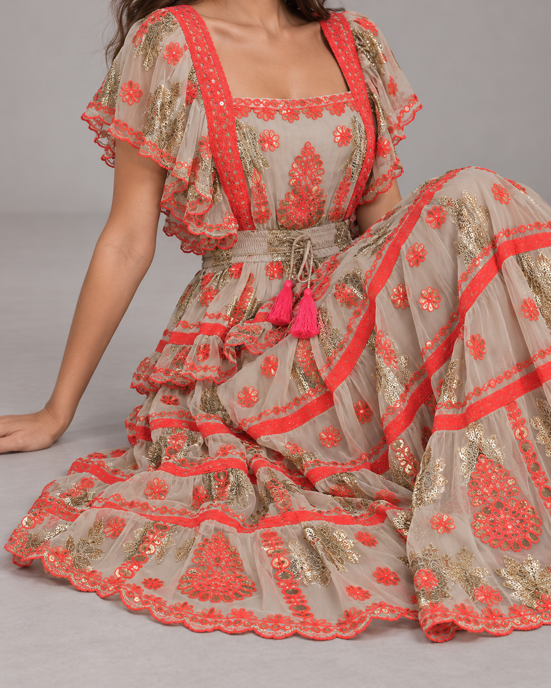 Faiza Maxi Dress with Floral Embroidery & Flutter Sleeves | ibBan