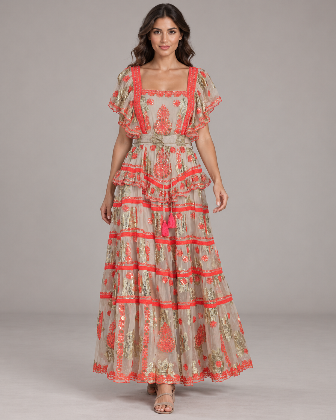 Faiza Maxi Dress with Floral Embroidery & Flutter Sleeves | ibBan