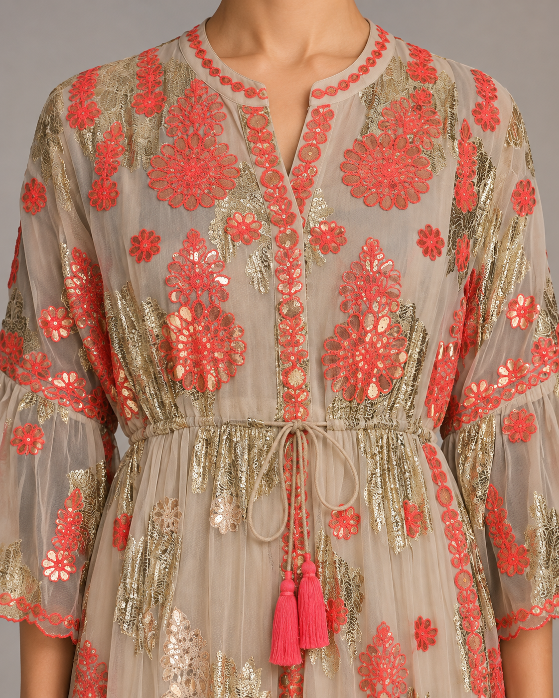 Faiza Long Tunic – Floral Embroidered Tiered Tunic | ibBan