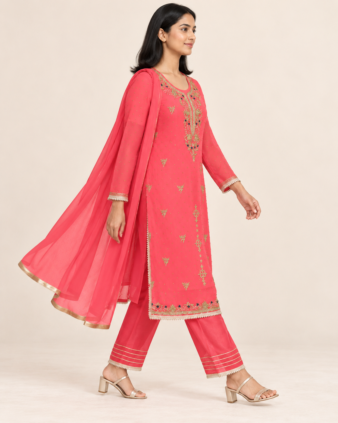 Anchal Coral Pink Embroidered Suit with Dupatta | ibBan