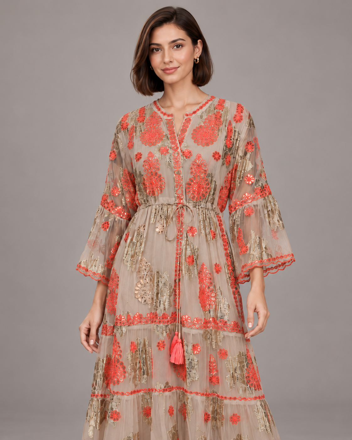 Faiza Long Tunic – Floral Embroidered Tiered Tunic | ibBan