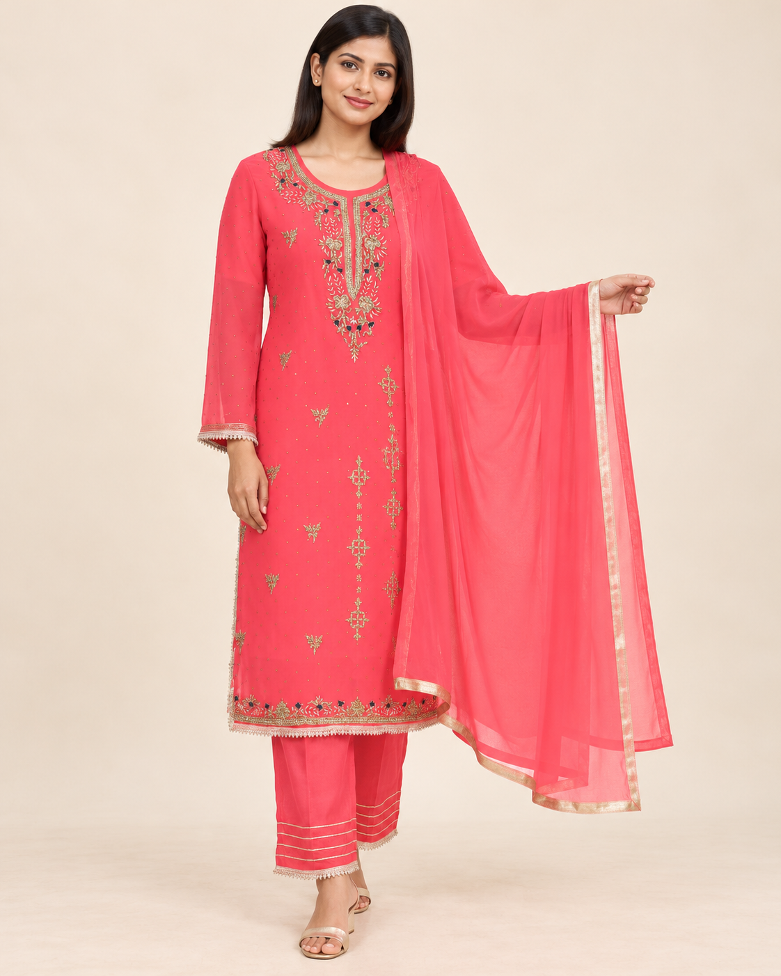 Anchal Coral Pink Embroidered Suit with Dupatta | ibBan