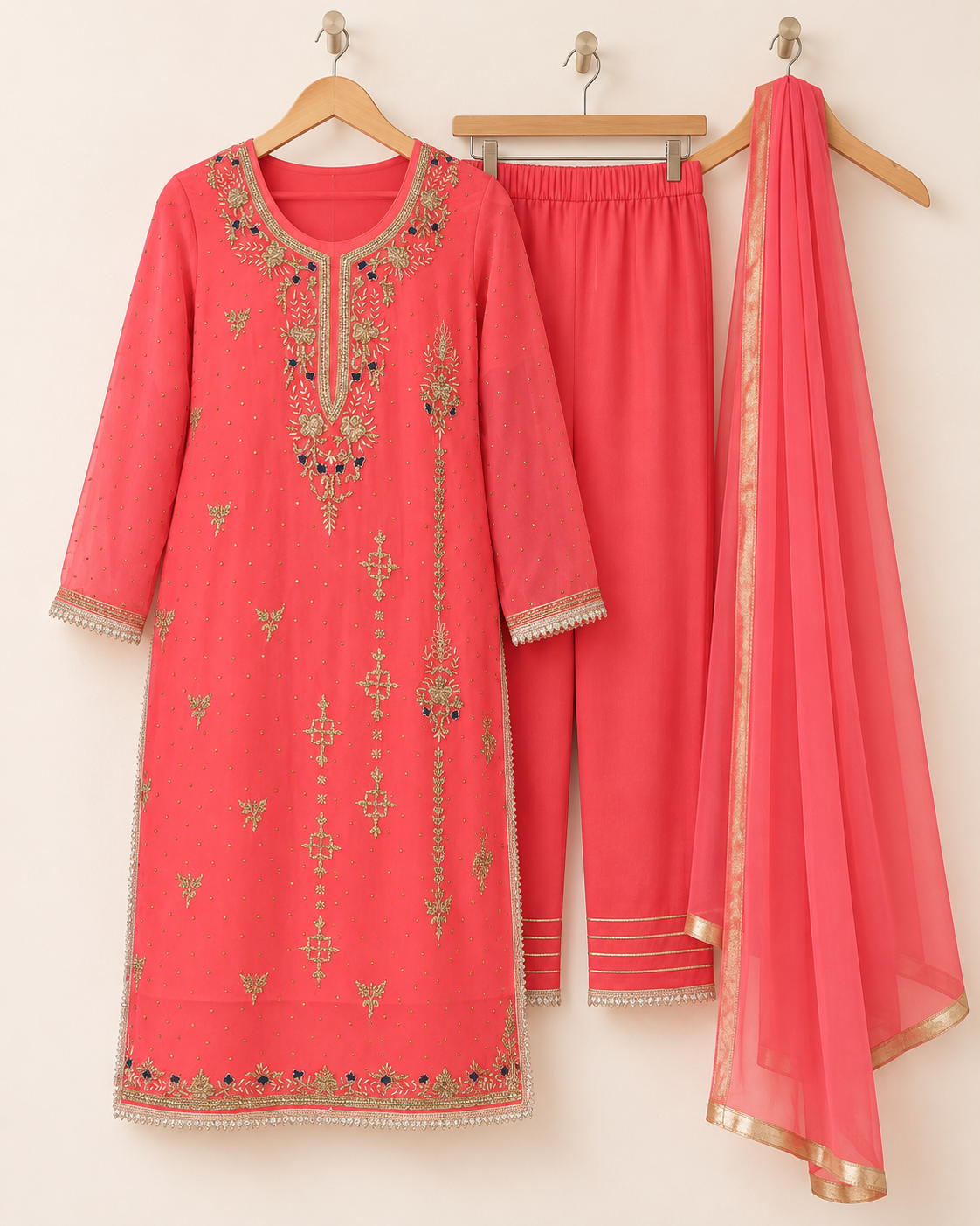Anchal Coral Pink Embroidered Suit with Dupatta | ibBan
