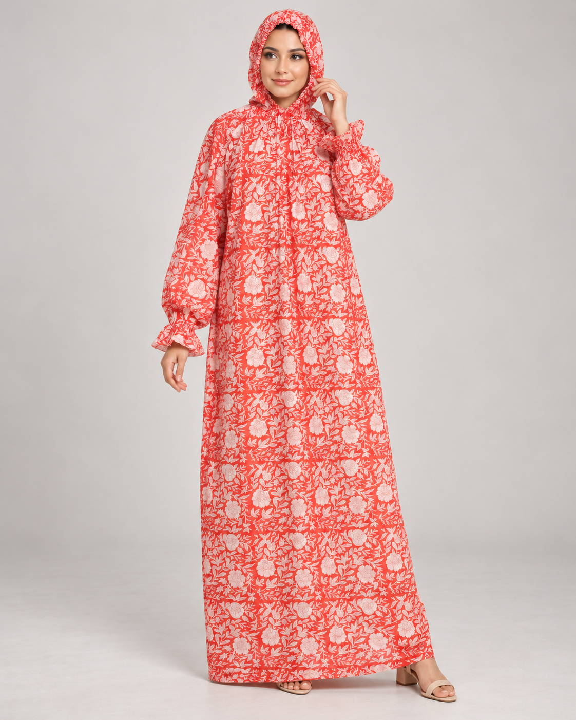 Coral Floral Hooded Kaftan – Long Sleeve Maxi Kaftan | ibBan