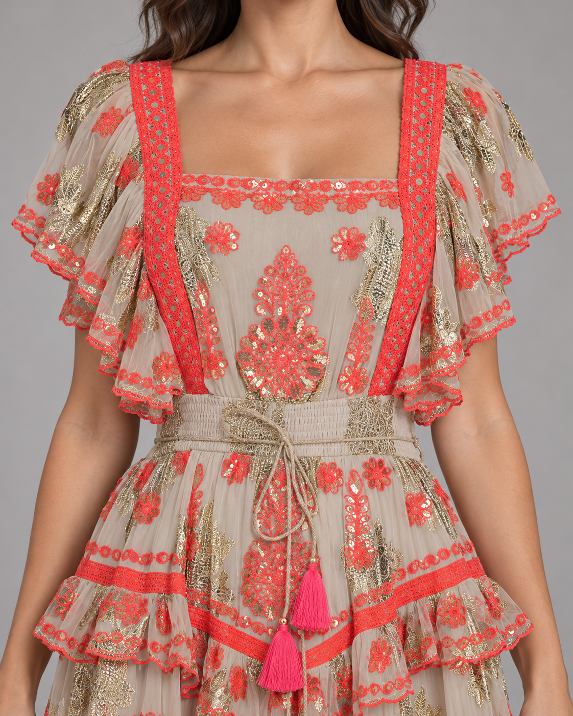 Faiza Maxi Dress with Floral Embroidery & Flutter Sleeves | ibBan