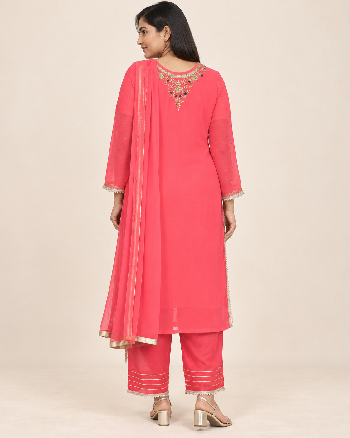Anchal Coral Pink Embroidered Suit with Dupatta | ibBan
