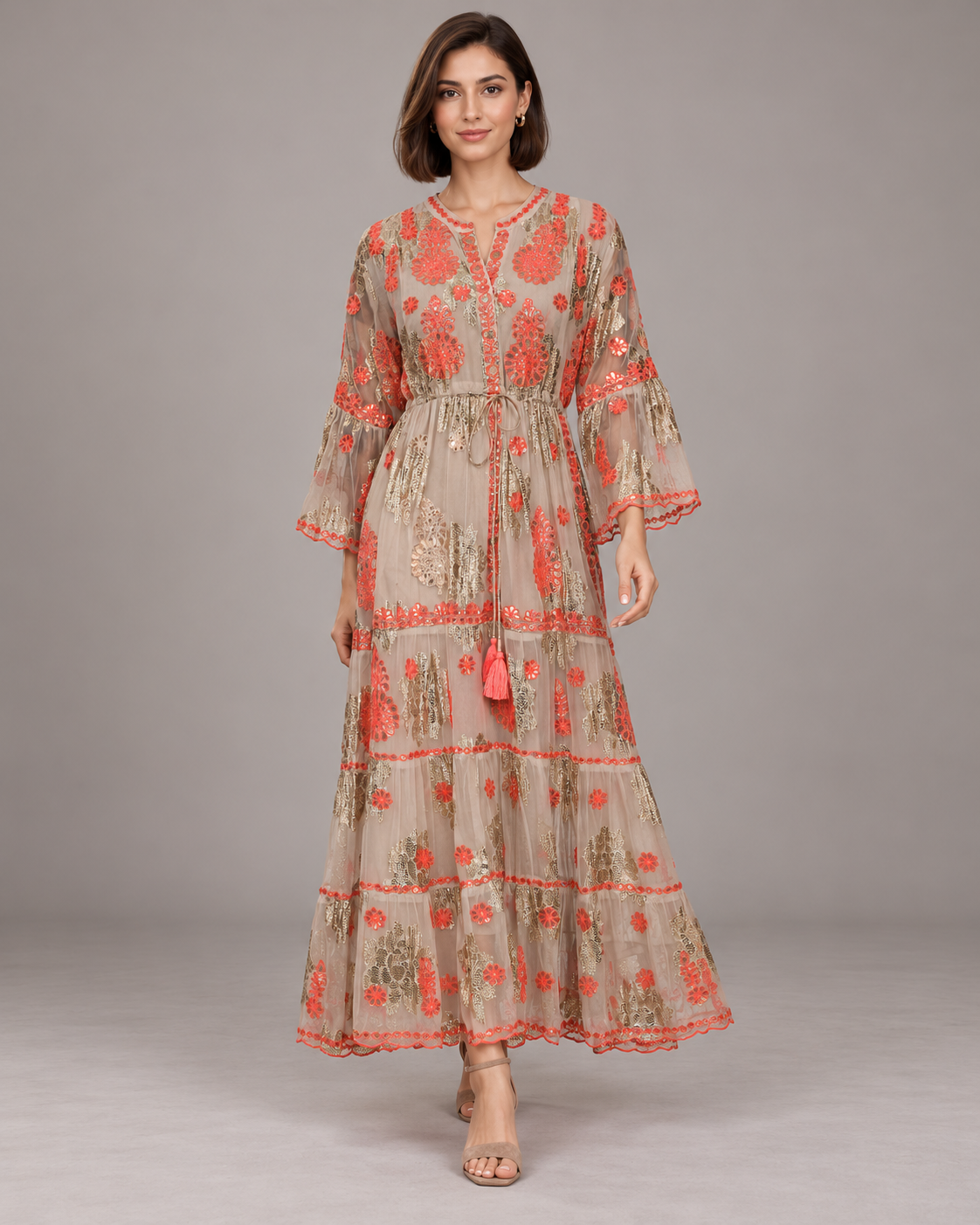 Faiza Long Tunic – Floral Embroidered Tiered Tunic | ibBan